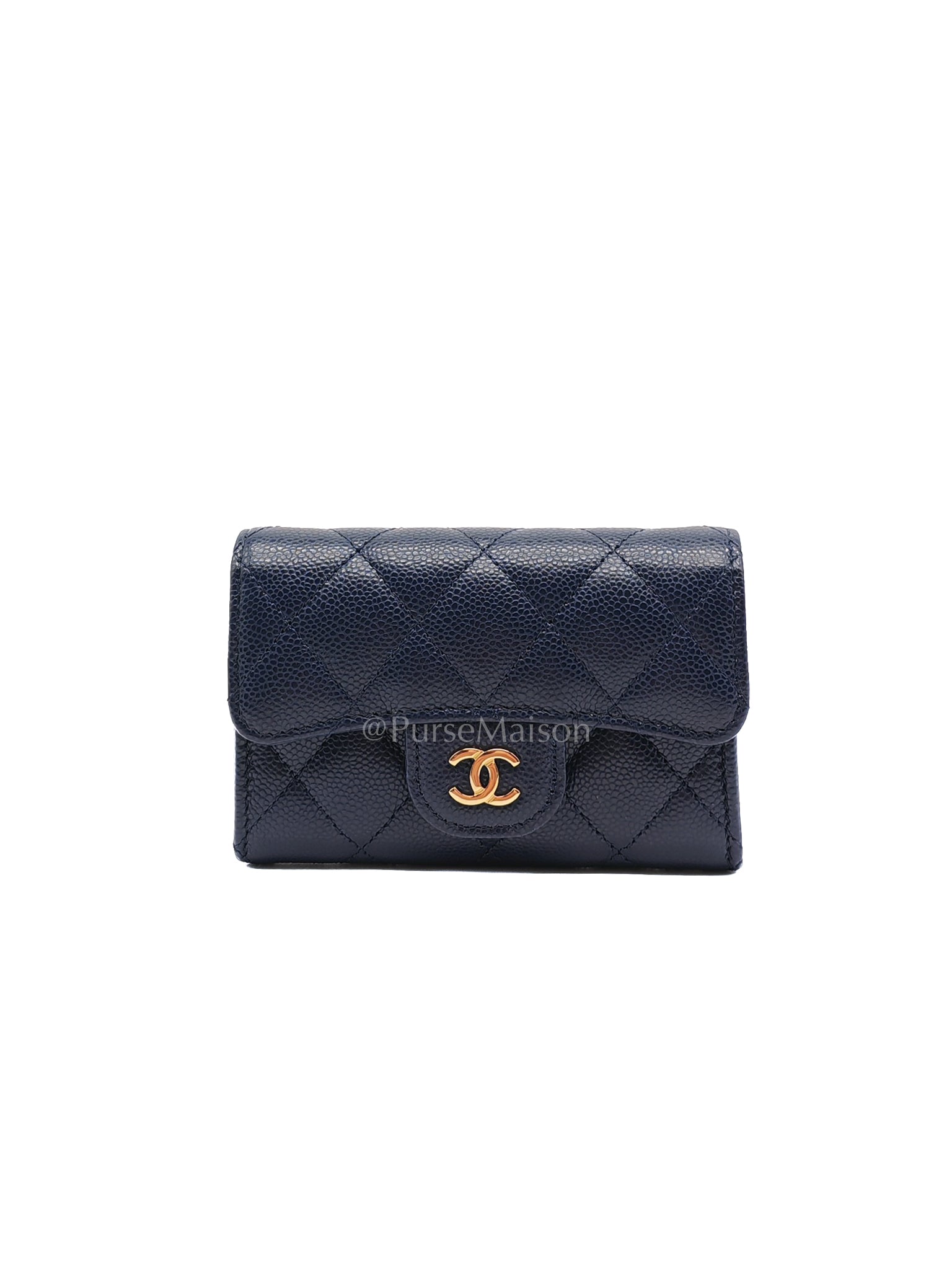 Flap Card Holder in Navy Blue Caviar Leather and Gold Hardware (Microchip) | Purse Maison Luxury Bags Shop
