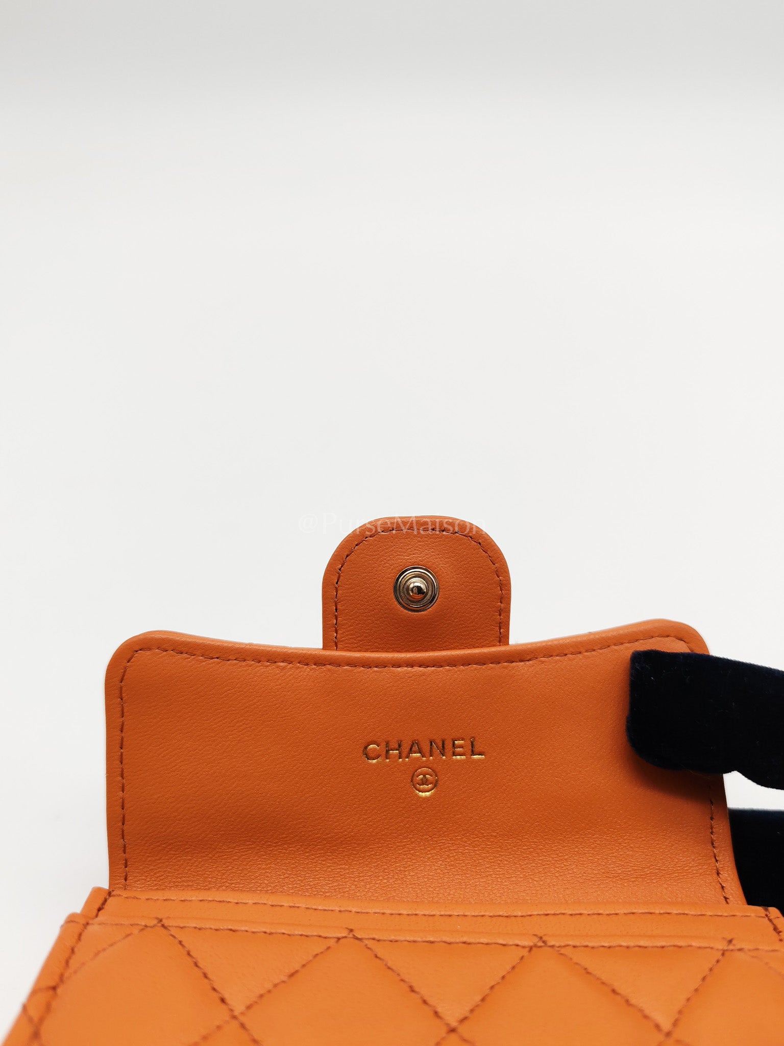 Flap Card Holder in Orange Quilted Lambskin Leather and Light Gold Hardware (Microchip) | Purse Maison Luxury Bags Shop
