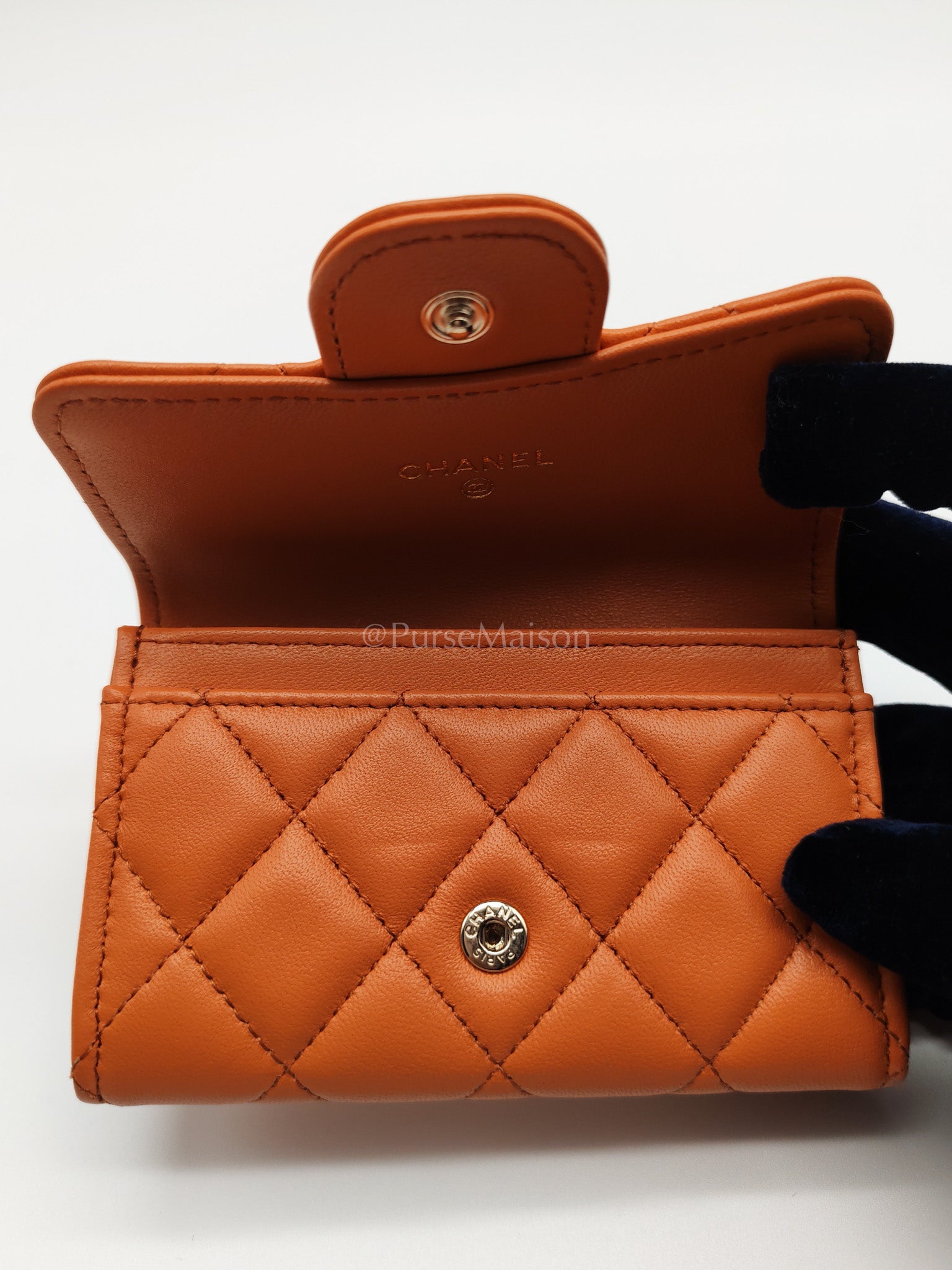 Flap Card Holder in Orange Quilted Lambskin Leather and Light Gold Hardware (Microchip) | Purse Maison Luxury Bags Shop