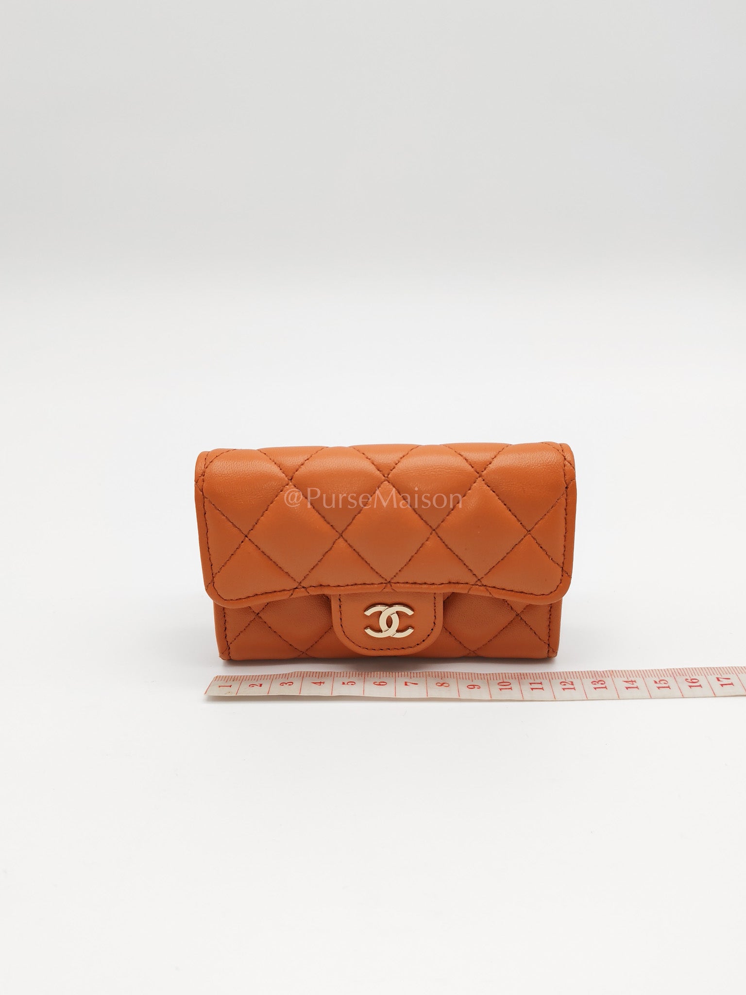 Flap Card Holder in Orange Quilted Lambskin Leather and Light Gold Hardware (Microchip) | Purse Maison Luxury Bags Shop