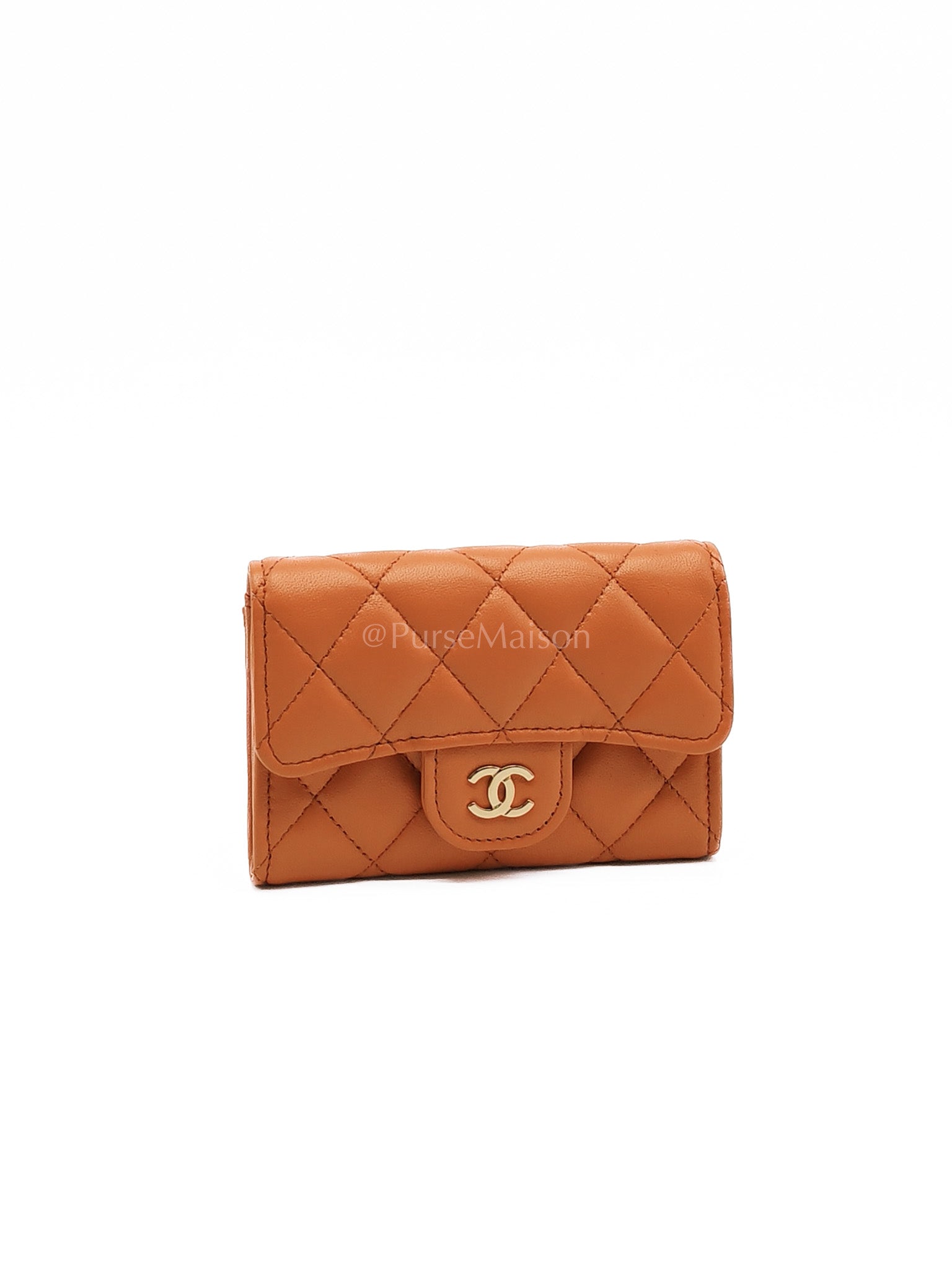 Flap Card Holder in Orange Quilted Lambskin Leather and Light Gold Hardware (Microchip) | Purse Maison Luxury Bags Shop