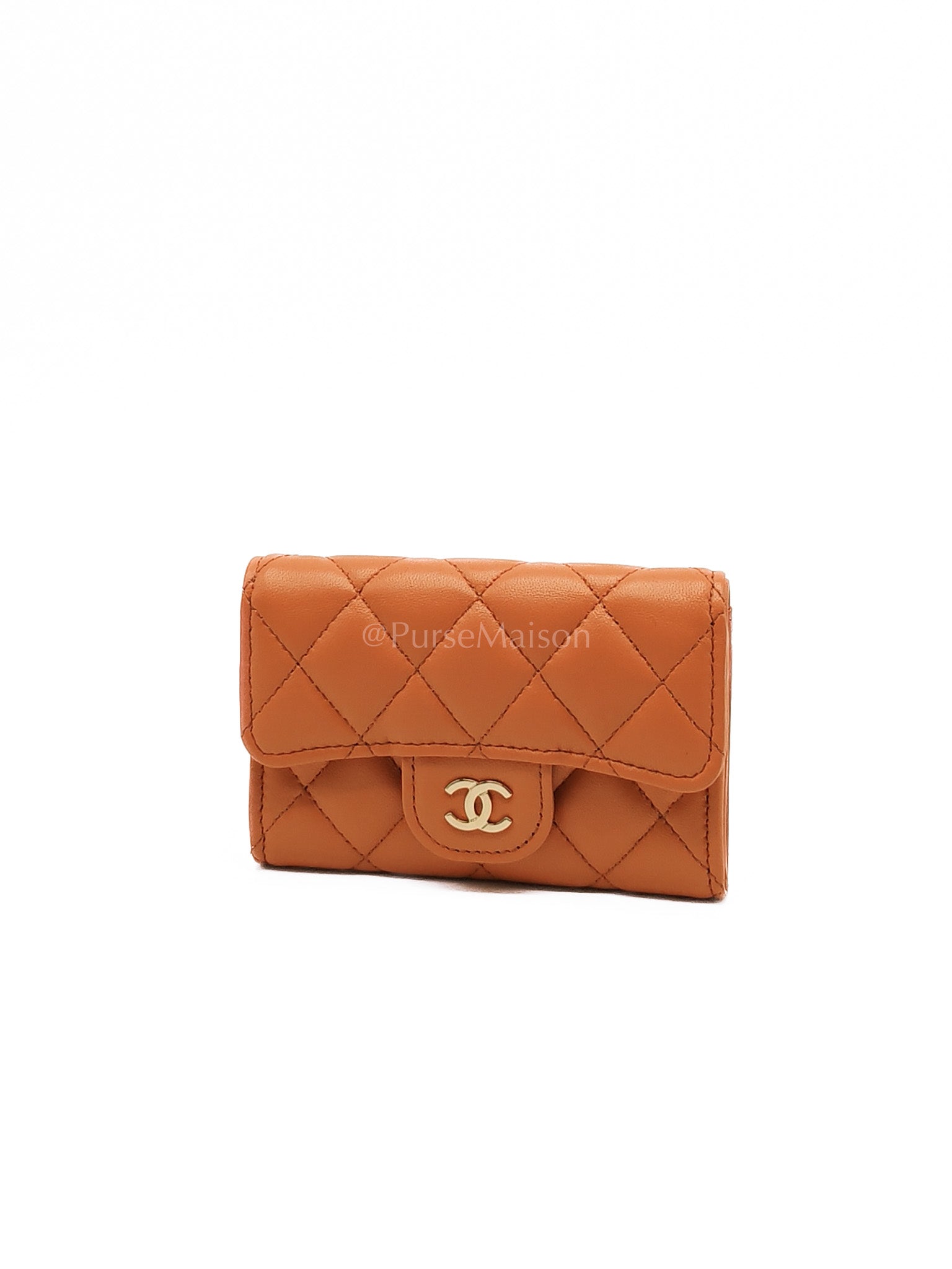 Flap Card Holder in Orange Quilted Lambskin Leather and Light Gold Hardware (Microchip) | Purse Maison Luxury Bags Shop