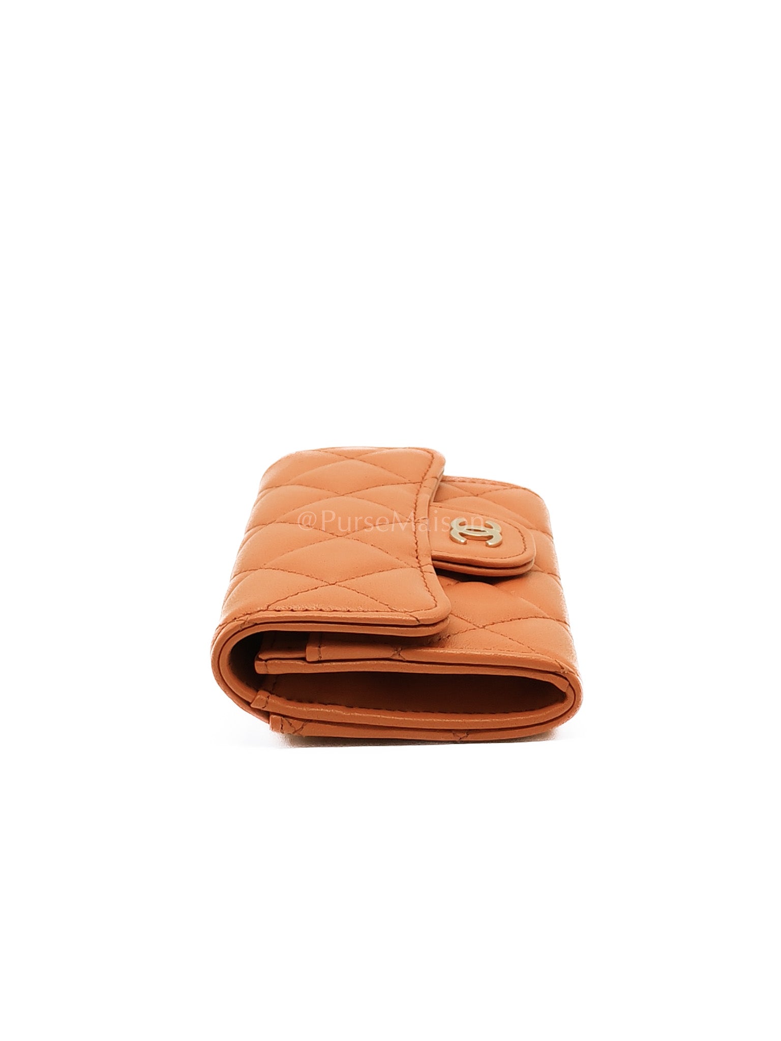 Flap Card Holder in Orange Quilted Lambskin Leather and Light Gold Hardware (Microchip) | Purse Maison Luxury Bags Shop