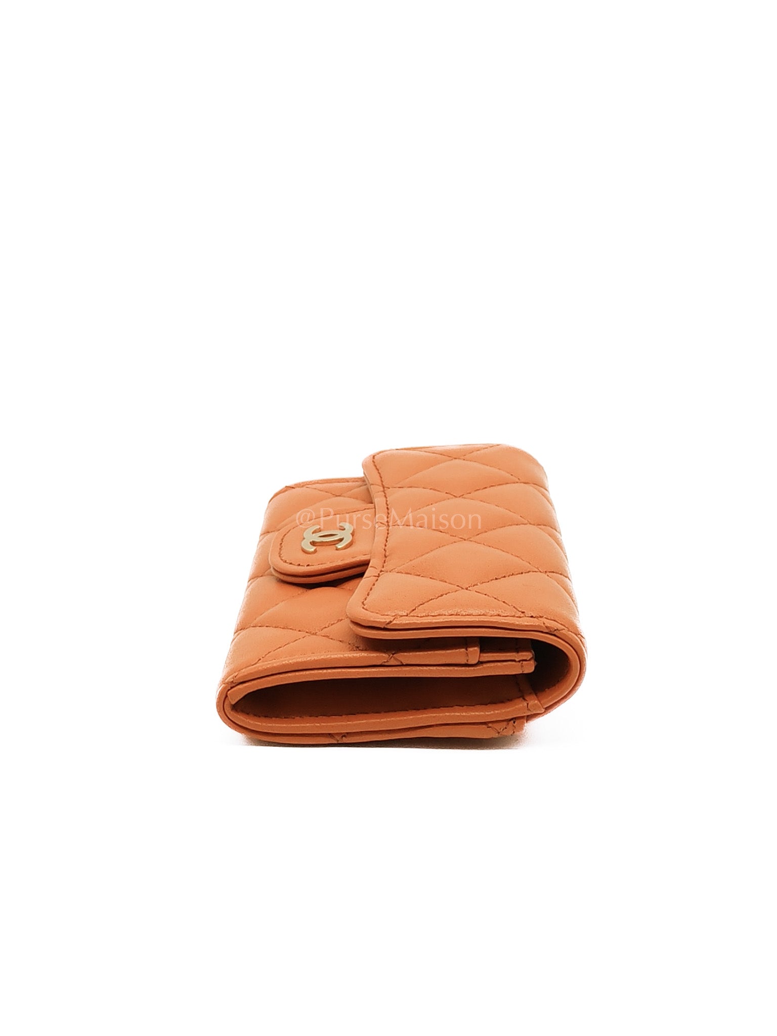 Flap Card Holder in Orange Quilted Lambskin Leather and Light Gold Hardware (Microchip) | Purse Maison Luxury Bags Shop