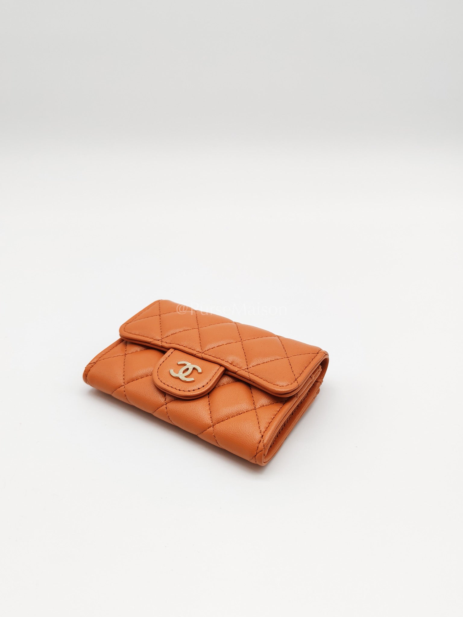Flap Card Holder in Orange Quilted Lambskin Leather and Light Gold Hardware (Microchip) | Purse Maison Luxury Bags Shop