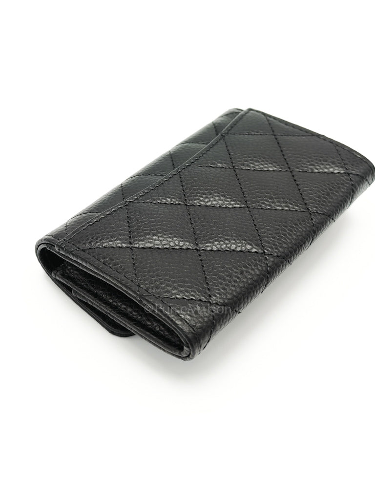 Flap Card Holder in Quilted Caviar Leather and Light Gold Hardware (Microchip) | Purse Maison Luxury Bags Shop