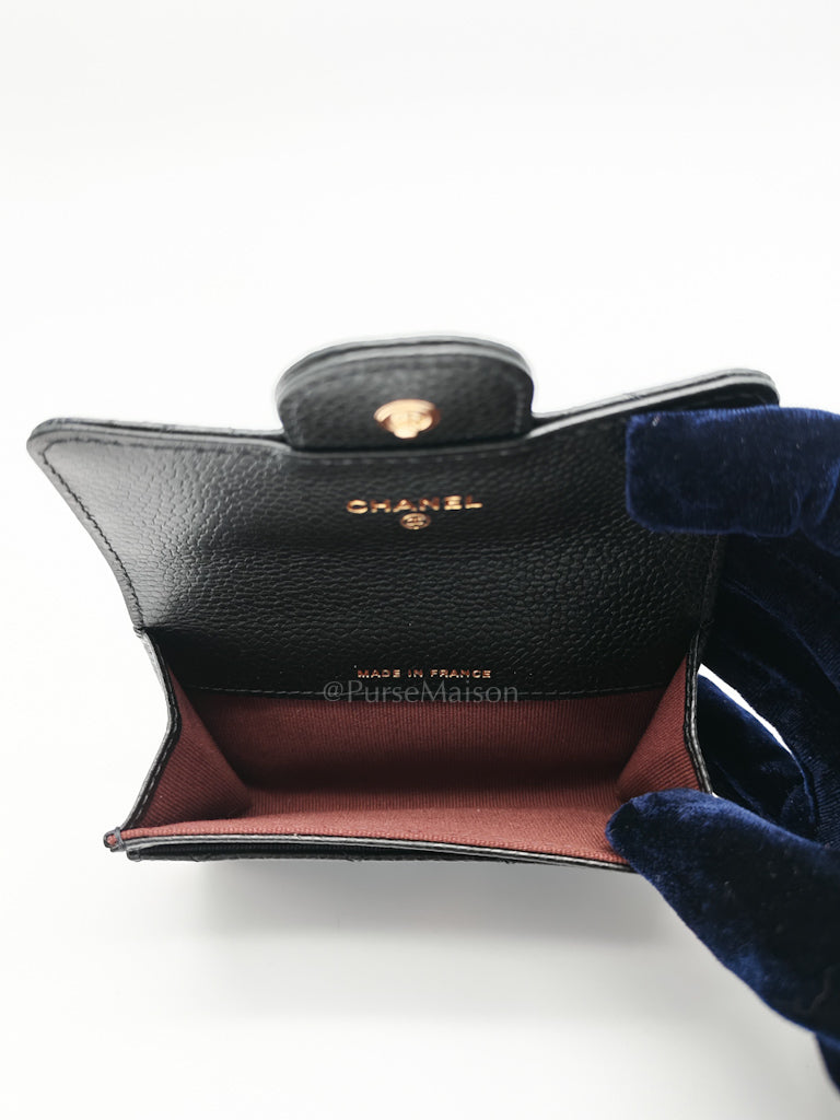 Flap Card Holder in Quilted Caviar Leather and Light Gold Hardware (Microchip) | Purse Maison Luxury Bags Shop