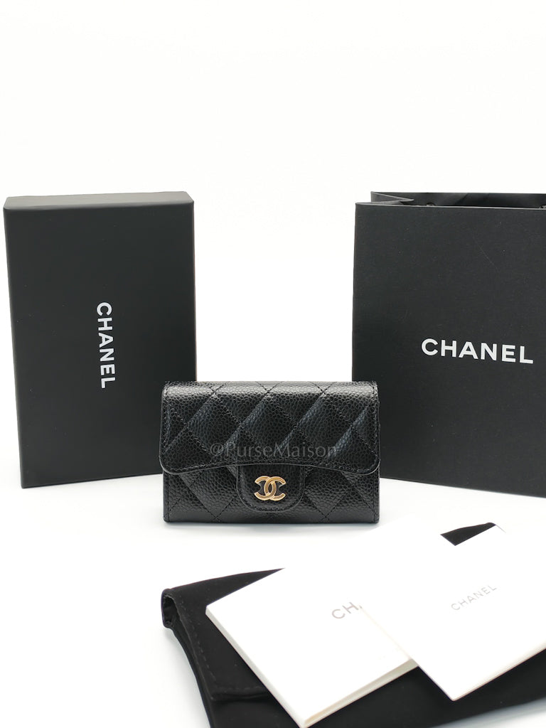 Flap Card Holder in Quilted Caviar Leather and Light Gold Hardware (Microchip) | Purse Maison Luxury Bags Shop