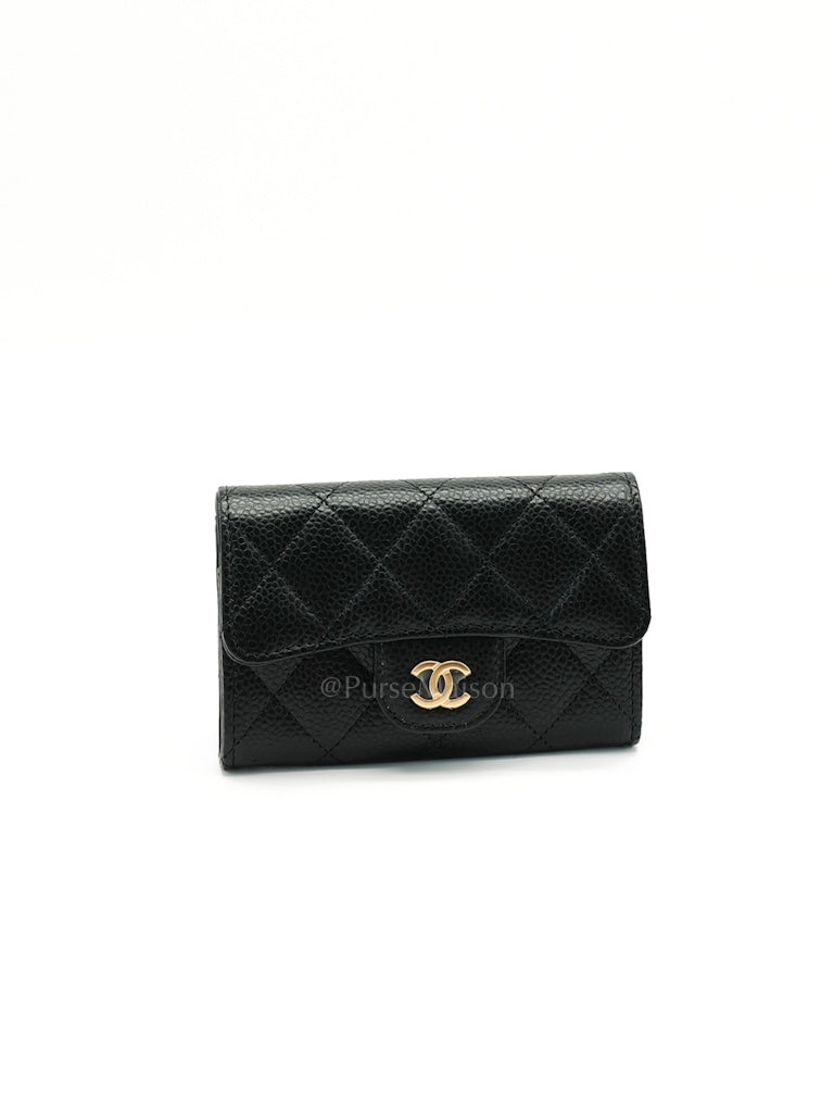 Flap Card Holder in Quilted Caviar Leather and Light Gold Hardware (Microchip) | Purse Maison Luxury Bags Shop