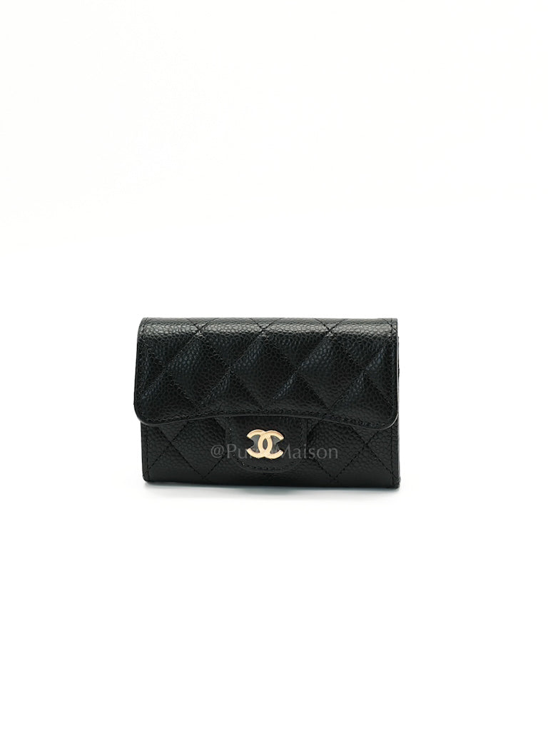 Flap Card Holder in Quilted Caviar Leather and Light Gold Hardware (Microchip) | Purse Maison Luxury Bags Shop