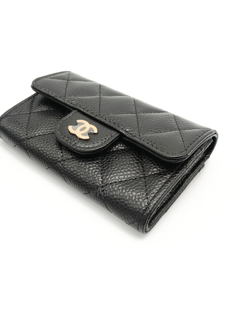 Flap Card Holder in Quilted Caviar Leather and Light Gold Hardware (Microchip) | Purse Maison Luxury Bags Shop