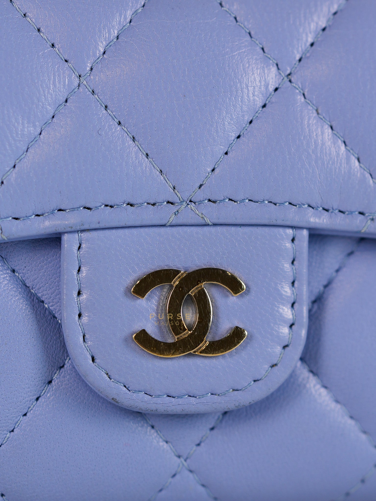 Flap Card Holder Wallet in Light Blue Quilted Lambskin Leather Gold Hardware Series 30 | Purse Maison Luxury Bags Shop