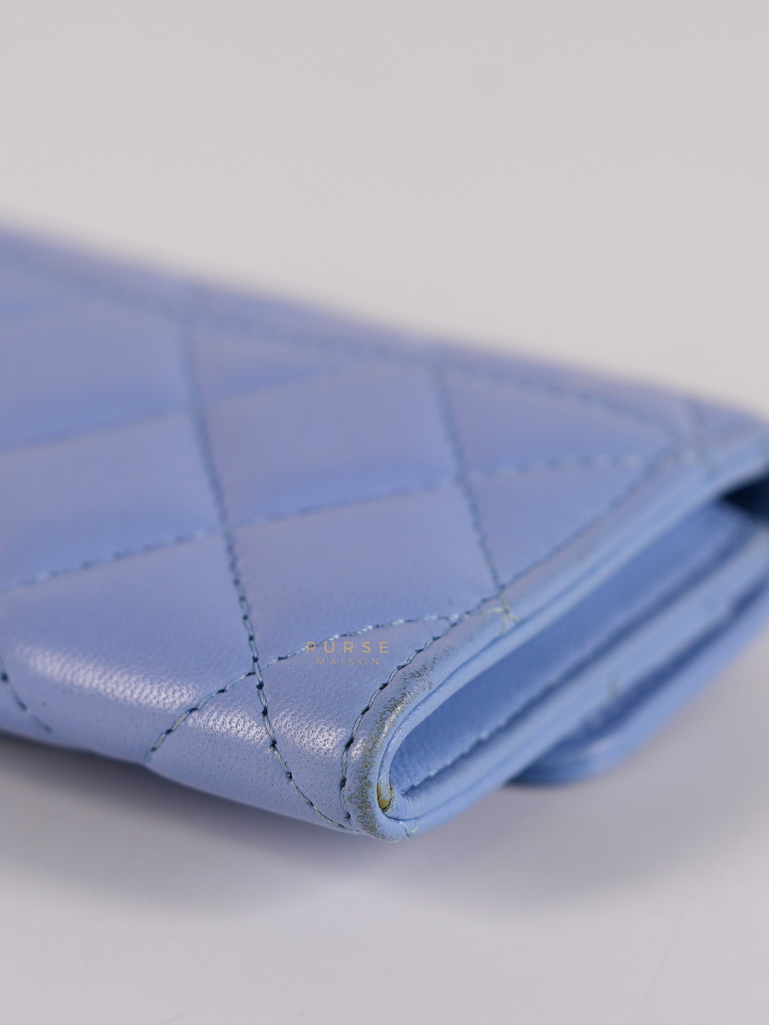 Flap Card Holder Wallet in Light Blue Quilted Lambskin Leather Gold Hardware Series 30 | Purse Maison Luxury Bags Shop