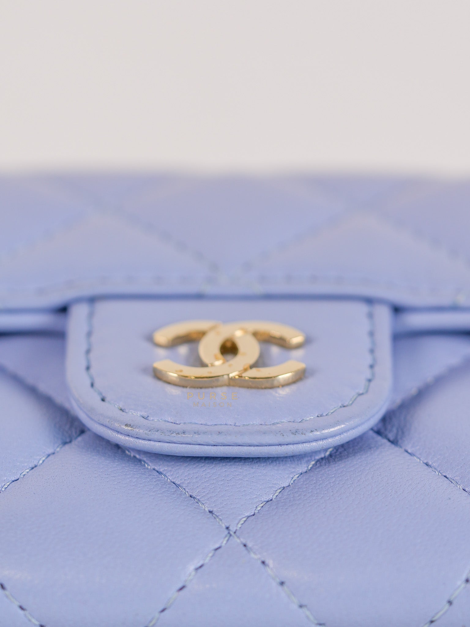 Flap Card Holder Wallet in Light Blue Quilted Lambskin Leather Gold Hardware Series 30 | Purse Maison Luxury Bags Shop