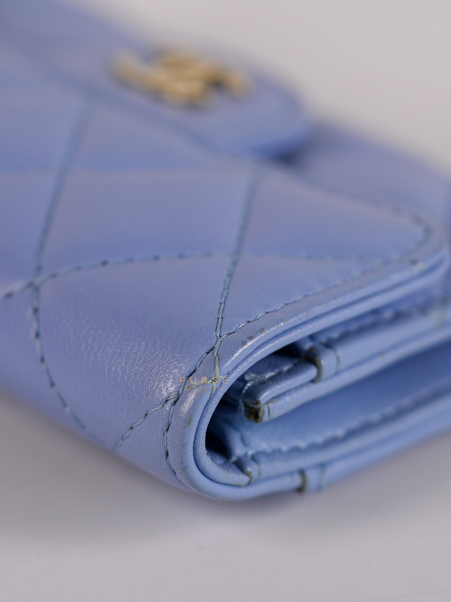 Flap Card Holder Wallet in Light Blue Quilted Lambskin Leather Gold Hardware Series 30 | Purse Maison Luxury Bags Shop