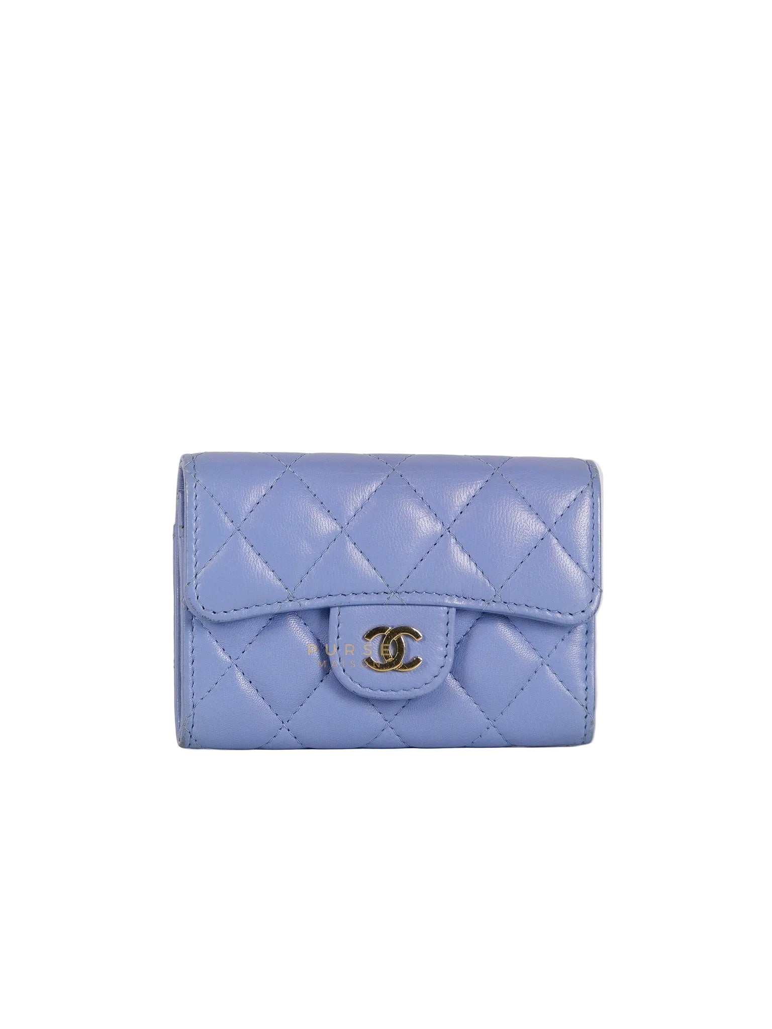 Flap Card Holder Wallet in Light Blue Quilted Lambskin Leather Gold Hardware Series 30 | Purse Maison Luxury Bags Shop