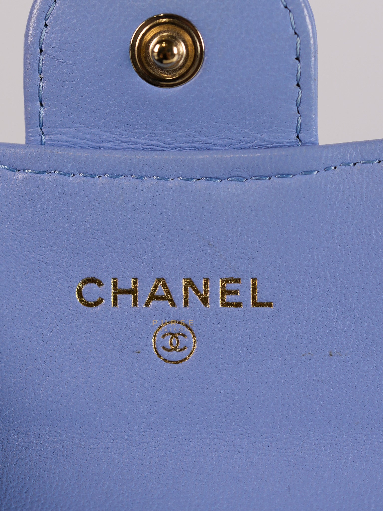 Flap Card Holder Wallet in Light Blue Quilted Lambskin Leather Gold Hardware Series 30 | Purse Maison Luxury Bags Shop