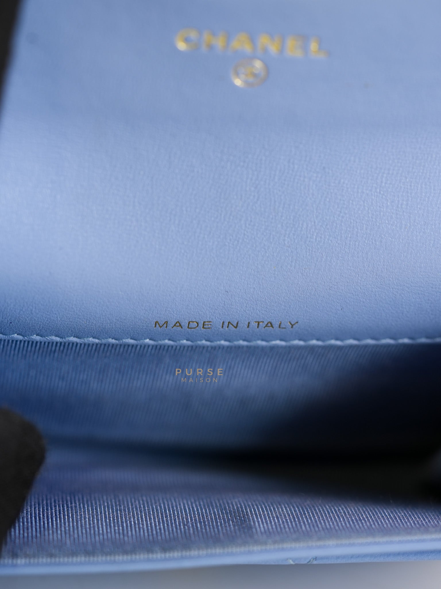 Flap Card Holder Wallet in Light Blue Quilted Lambskin Leather Gold Hardware Series 30 | Purse Maison Luxury Bags Shop