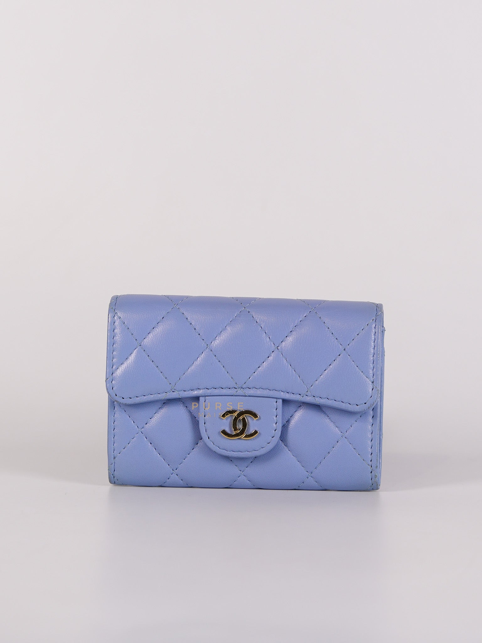 Flap Card Holder Wallet in Light Blue Quilted Lambskin Leather Gold Hardware Series 30 | Purse Maison Luxury Bags Shop