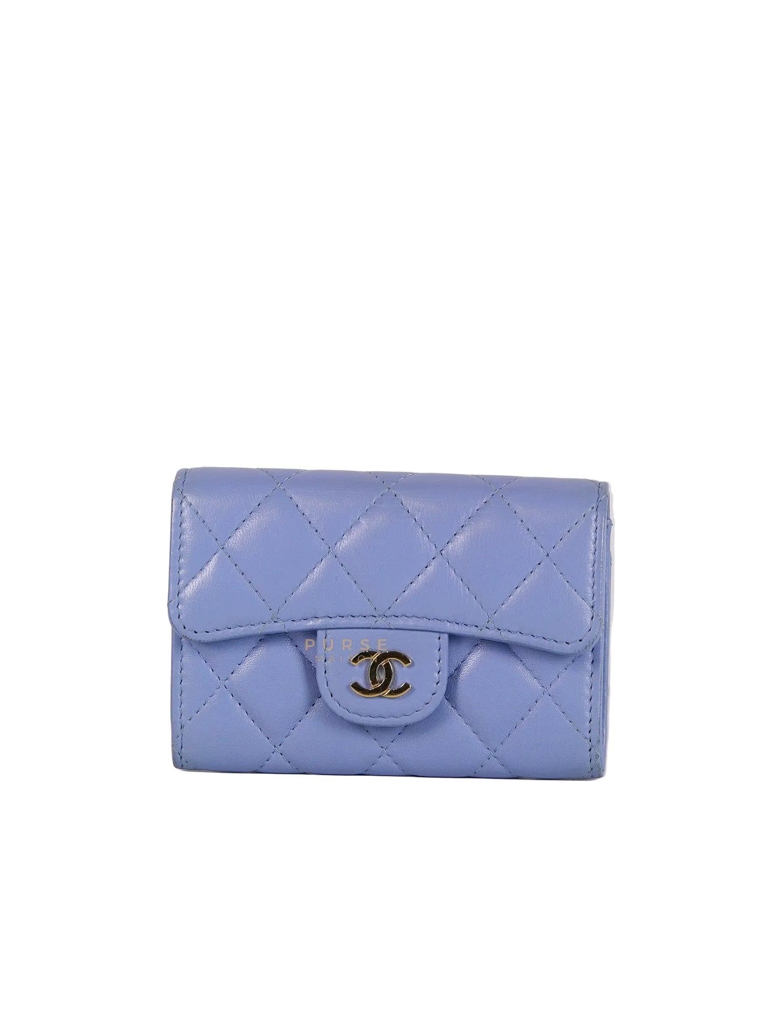 Flap Card Holder Wallet in Light Blue Quilted Lambskin Leather Gold Hardware Series 30 | Purse Maison Luxury Bags Shop