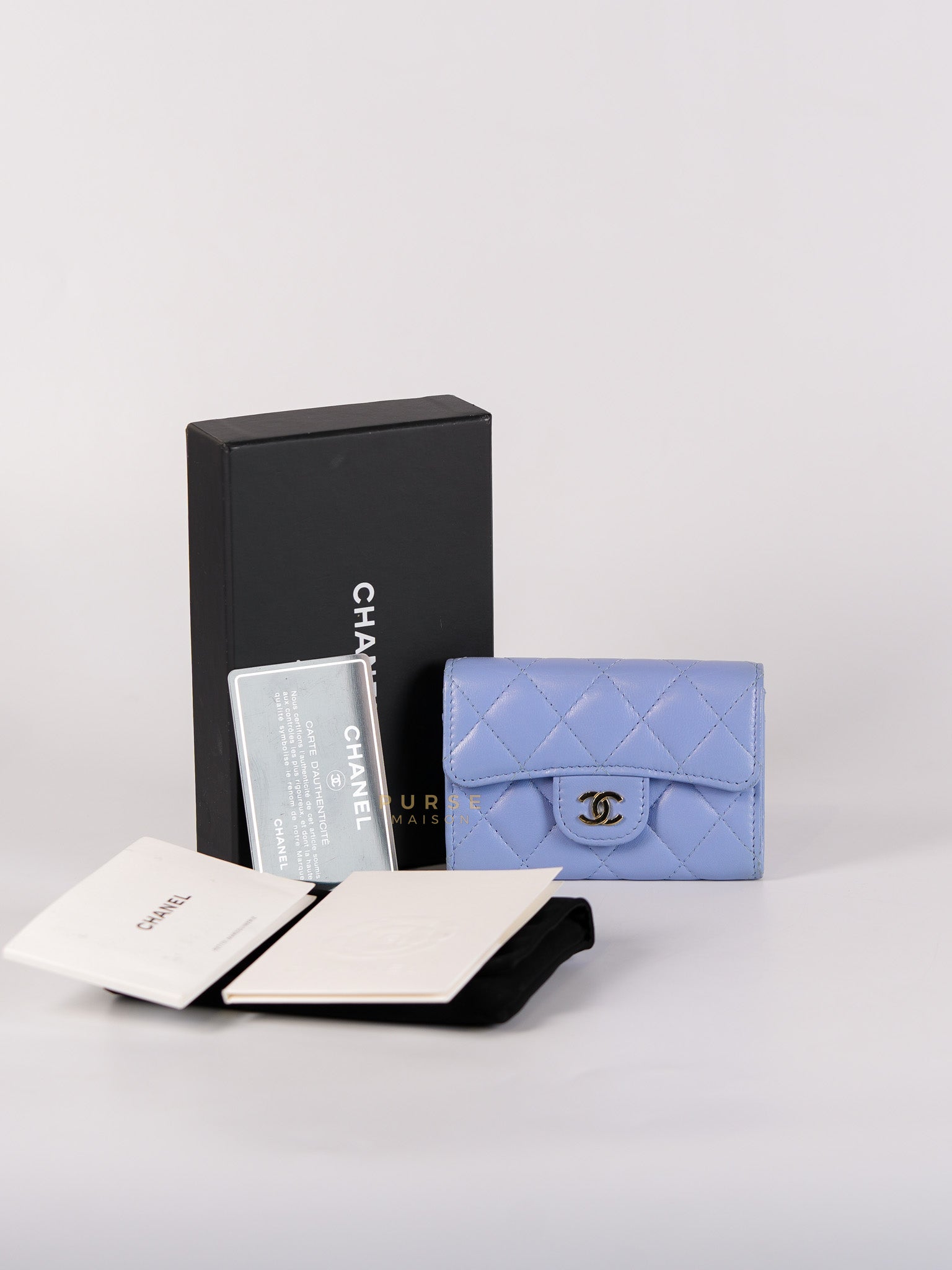 Flap Card Holder Wallet in Light Blue Quilted Lambskin Leather Gold Hardware Series 30 | Purse Maison Luxury Bags Shop