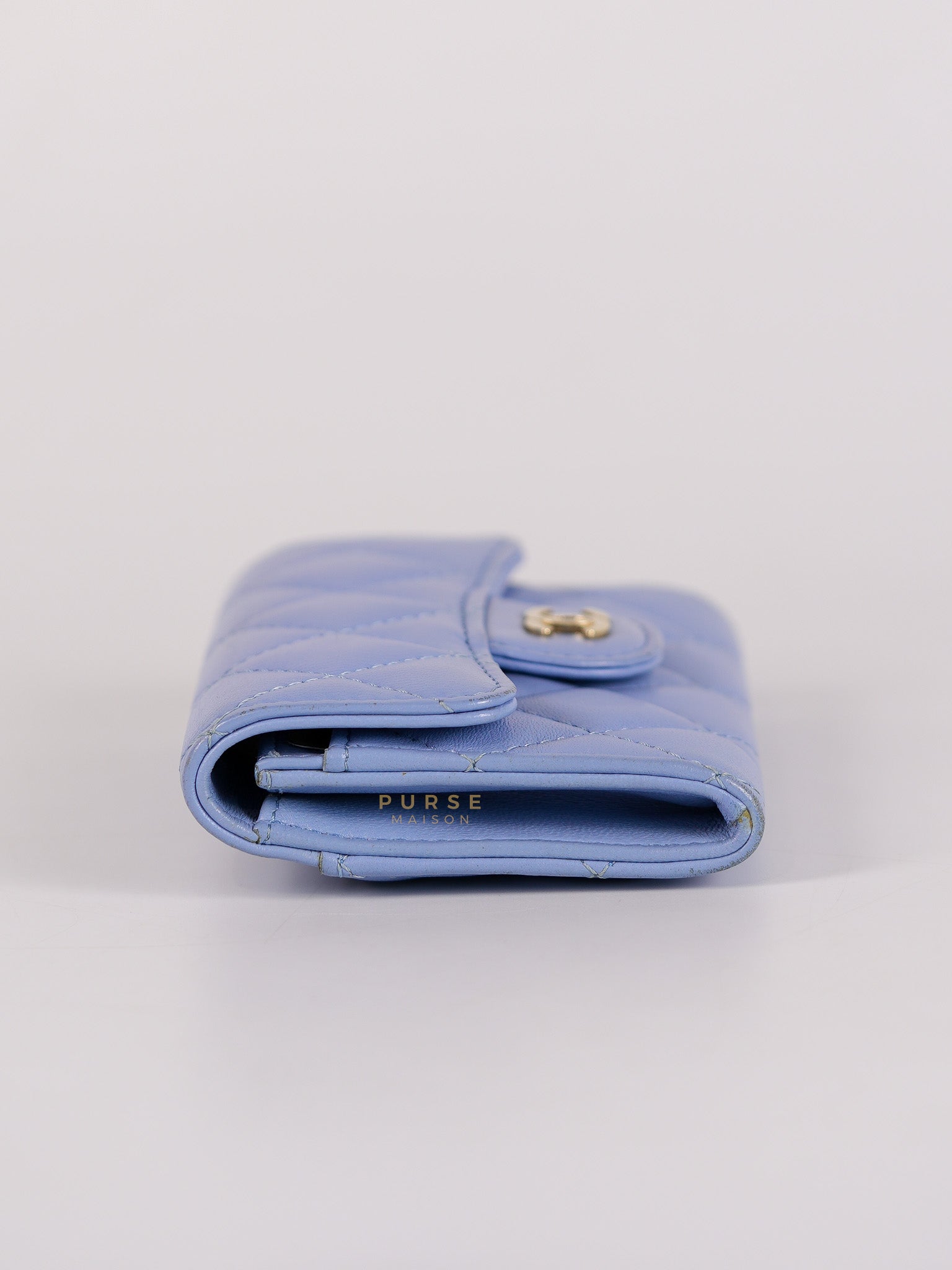 Flap Card Holder Wallet in Light Blue Quilted Lambskin Leather Gold Hardware Series 30 | Purse Maison Luxury Bags Shop