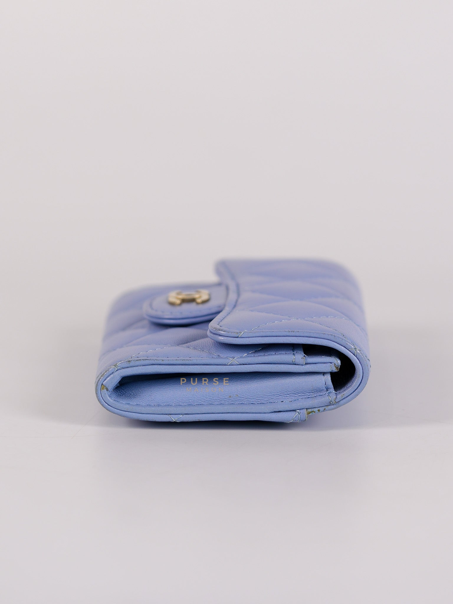 Flap Card Holder Wallet in Light Blue Quilted Lambskin Leather Gold Hardware Series 30 | Purse Maison Luxury Bags Shop