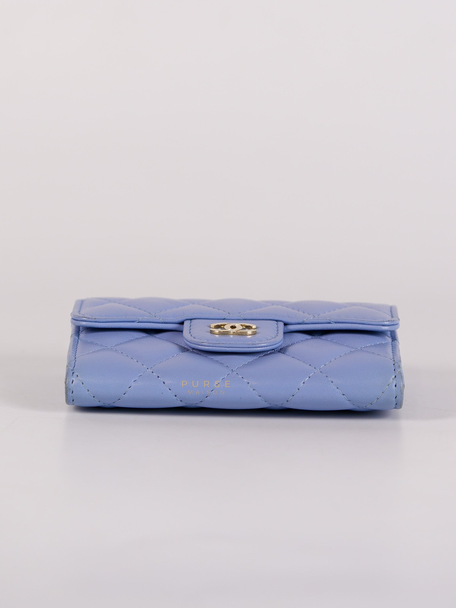 Flap Card Holder Wallet in Light Blue Quilted Lambskin Leather Gold Hardware Series 30 | Purse Maison Luxury Bags Shop