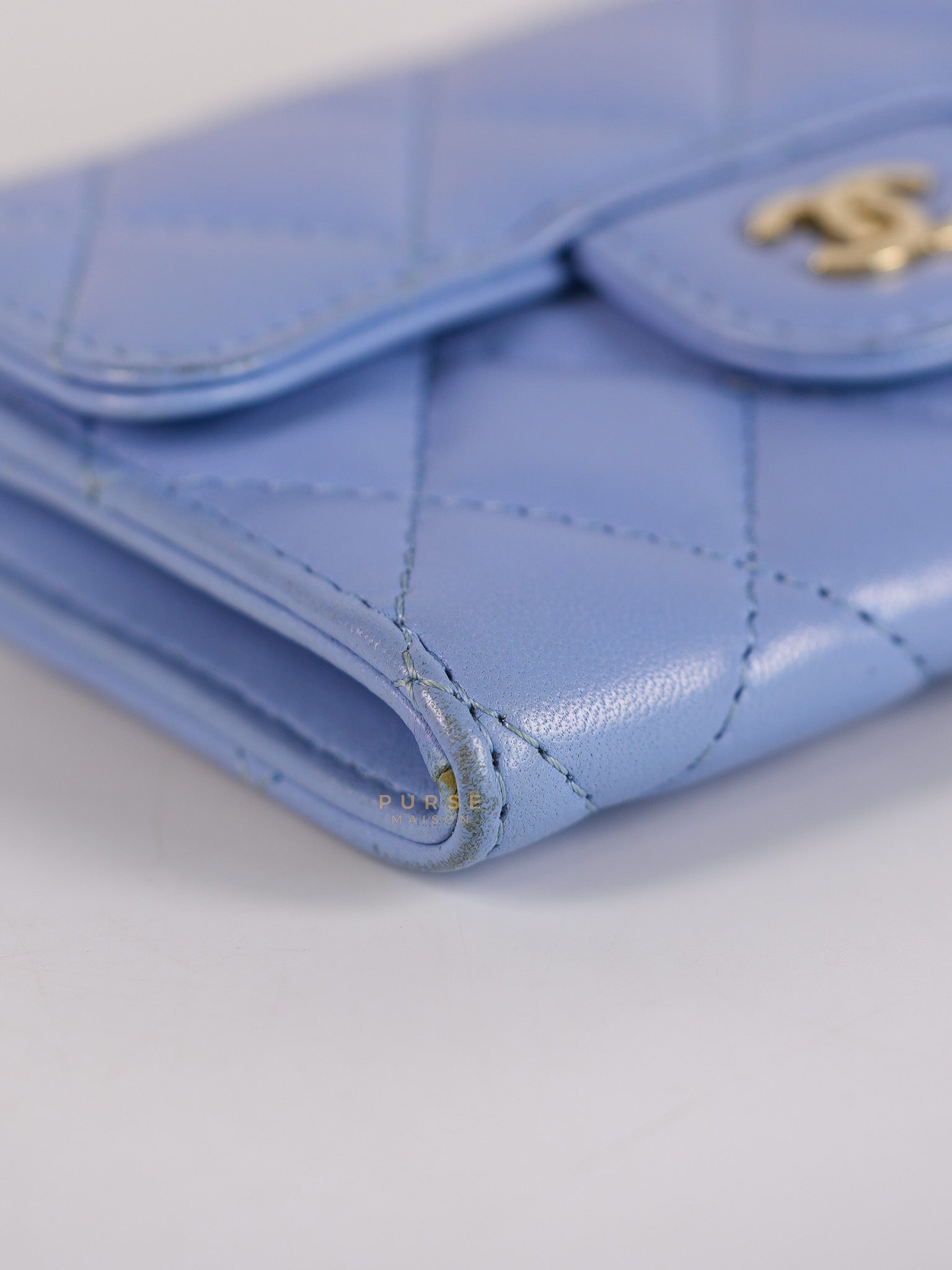 Flap Card Holder Wallet in Light Blue Quilted Lambskin Leather Gold Hardware Series 30 | Purse Maison Luxury Bags Shop