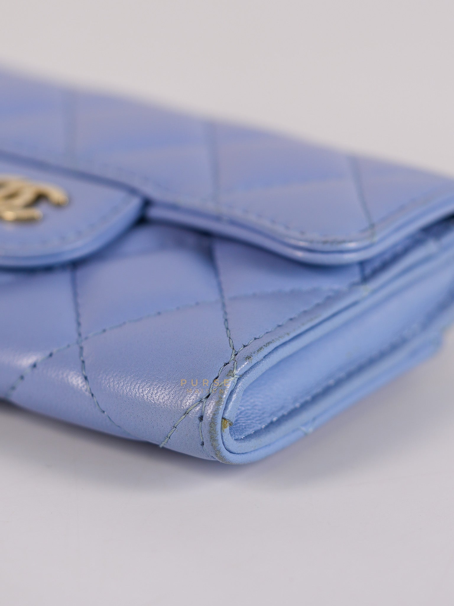 Flap Card Holder Wallet in Light Blue Quilted Lambskin Leather Gold Hardware Series 30 | Purse Maison Luxury Bags Shop