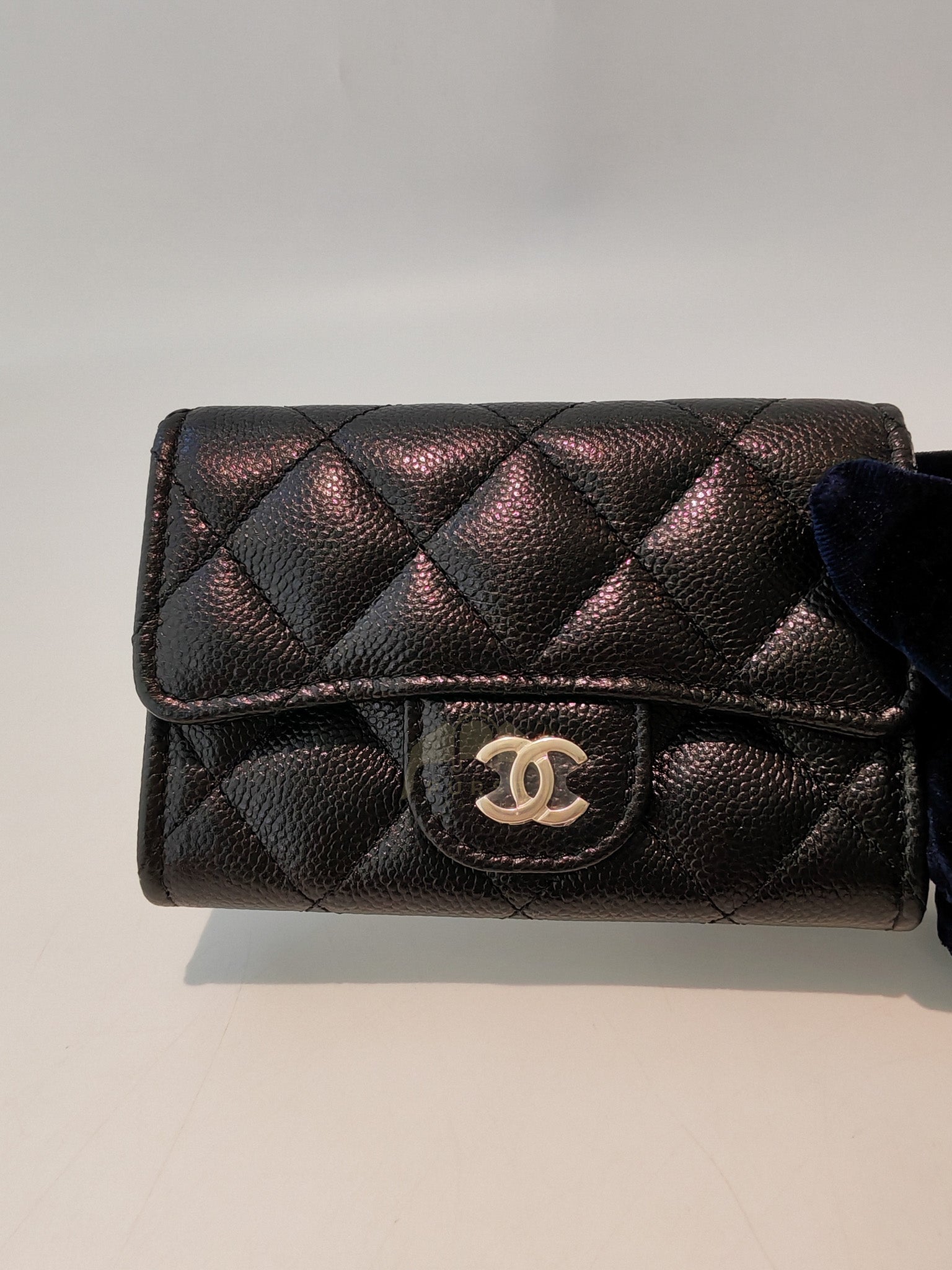 Flap Card Holder with Zipper in Black Caviar Leather and Light Gold Hardware (TG***7K) | Purse Maison Luxury Bags Shop