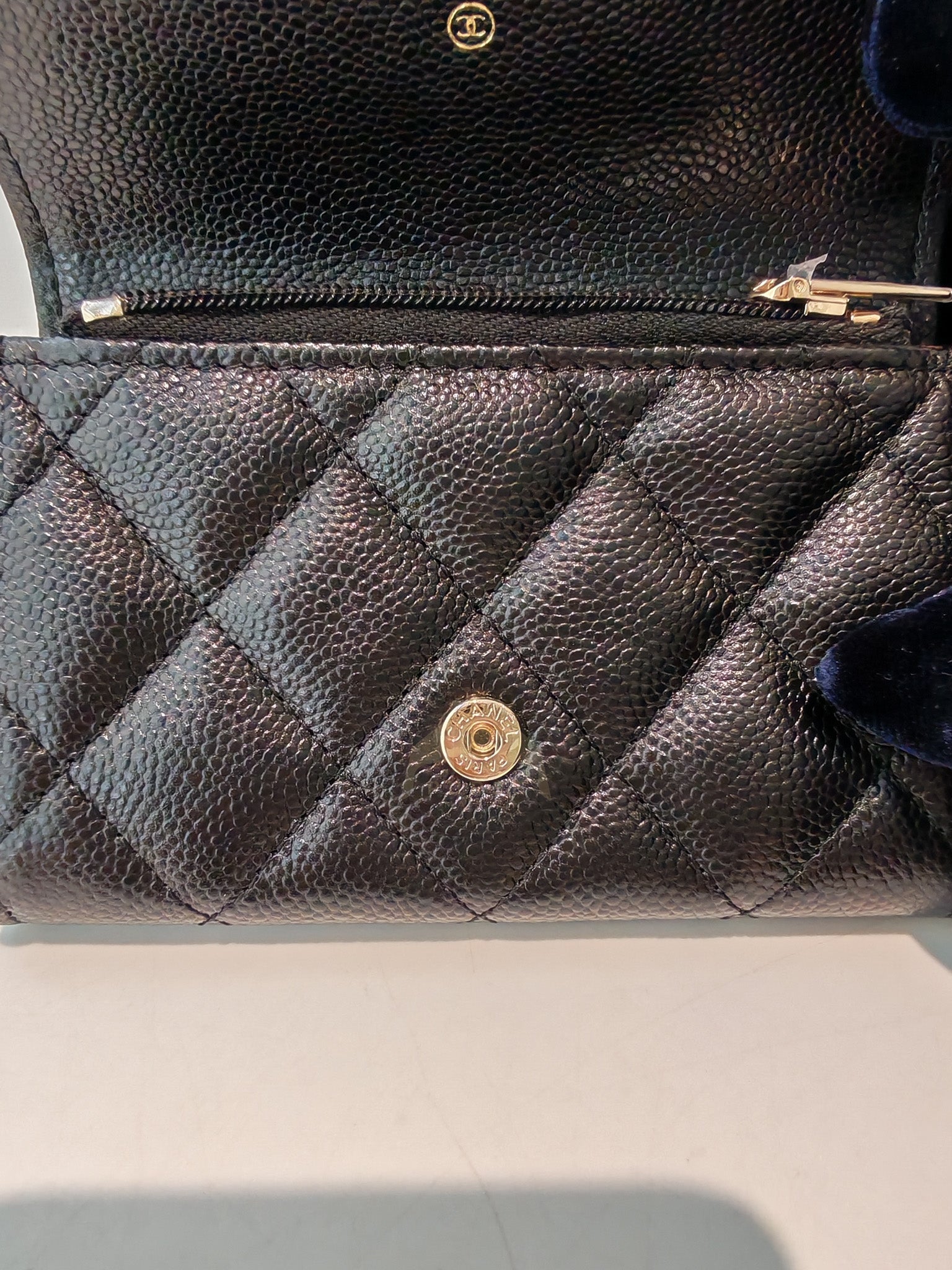 Flap Card Holder with Zipper in Black Caviar Leather and Light Gold Hardware (TG***7K) | Purse Maison Luxury Bags Shop