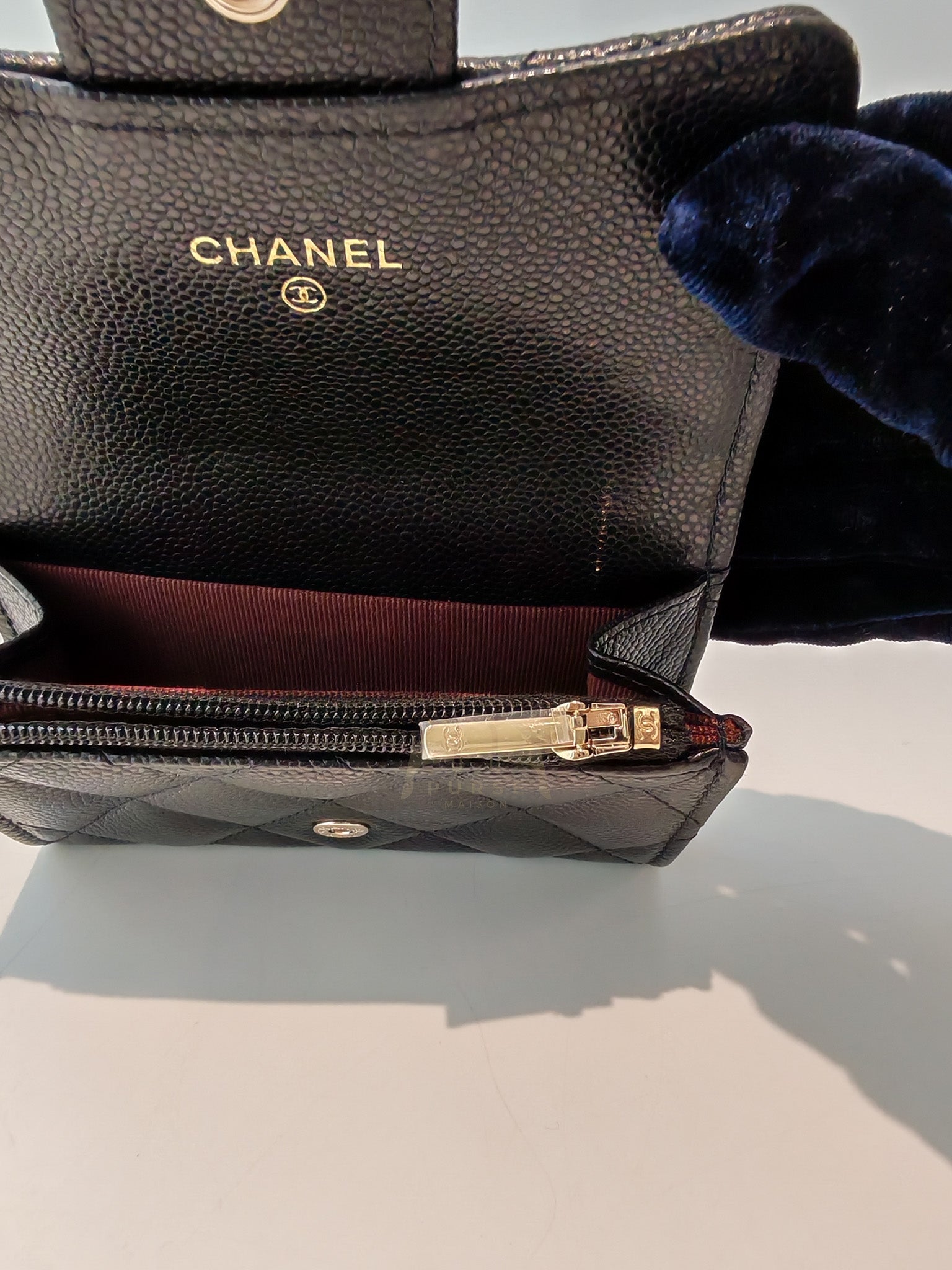 Flap Card Holder with Zipper in Black Caviar Leather and Light Gold Hardware (TG***7K) | Purse Maison Luxury Bags Shop