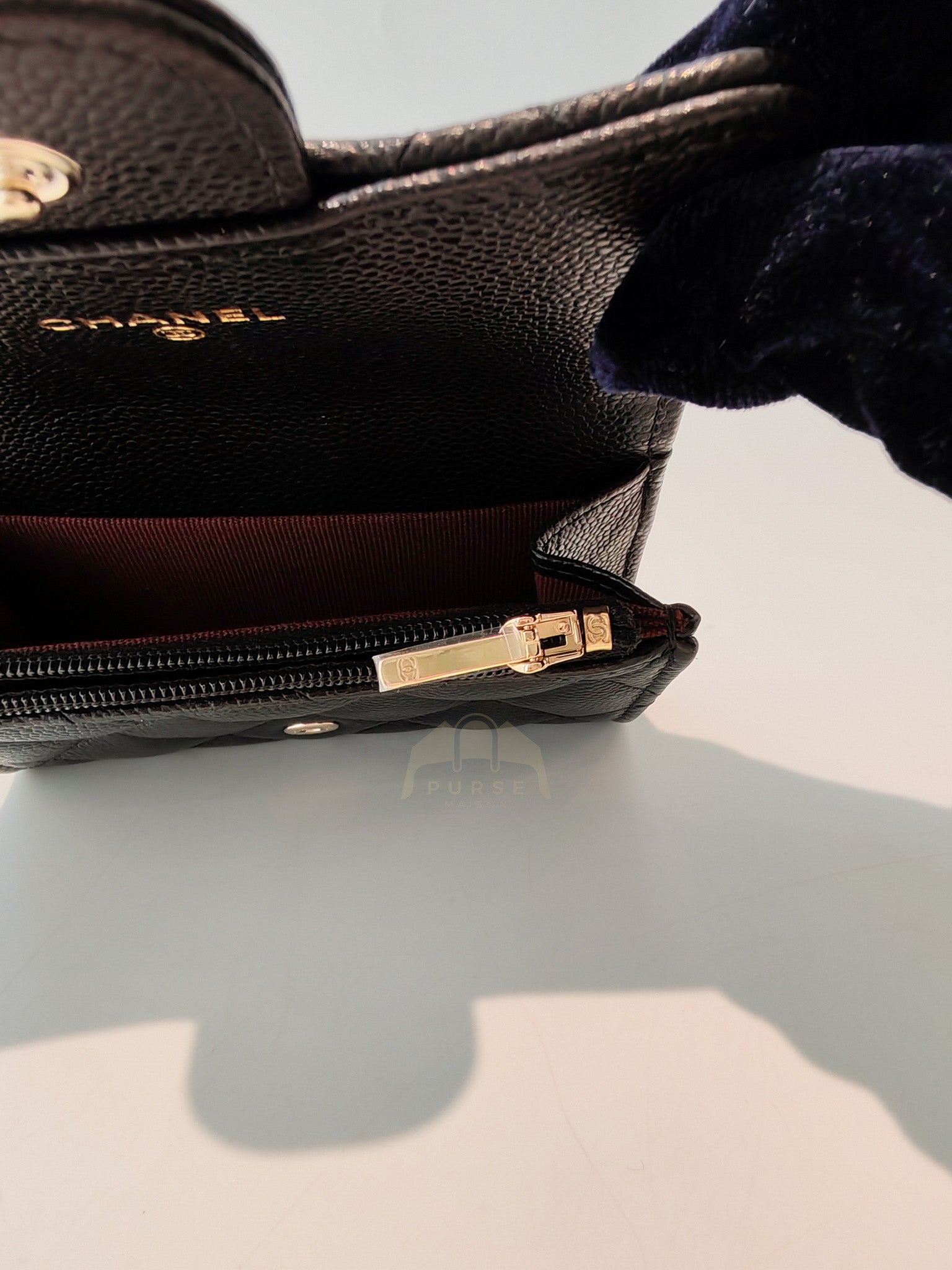Flap Card Holder with Zipper in Black Caviar Leather and Light Gold Hardware (TG***7K) | Purse Maison Luxury Bags Shop