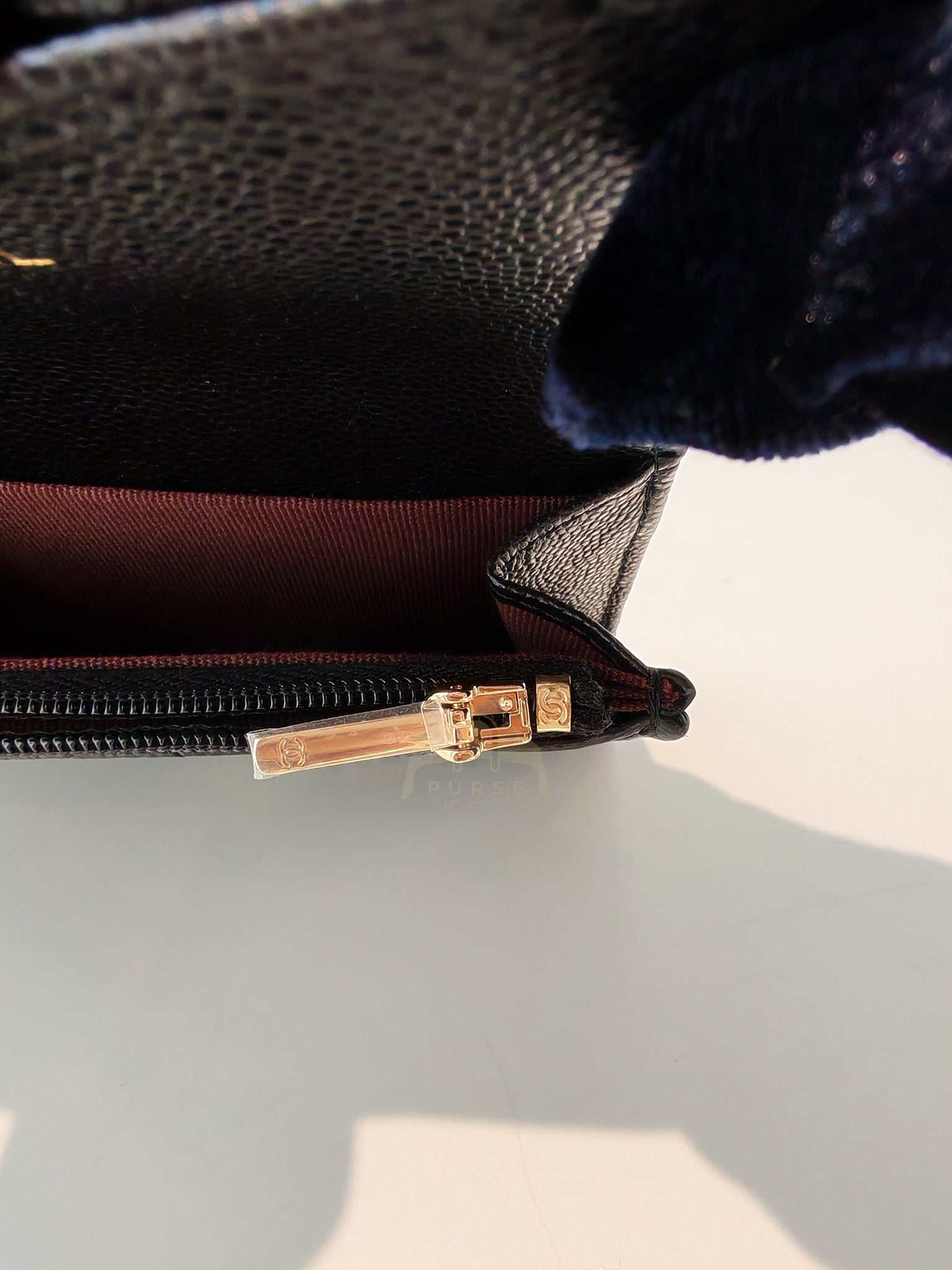 Flap Card Holder with Zipper in Black Caviar Leather and Light Gold Hardware (TG***7K) | Purse Maison Luxury Bags Shop