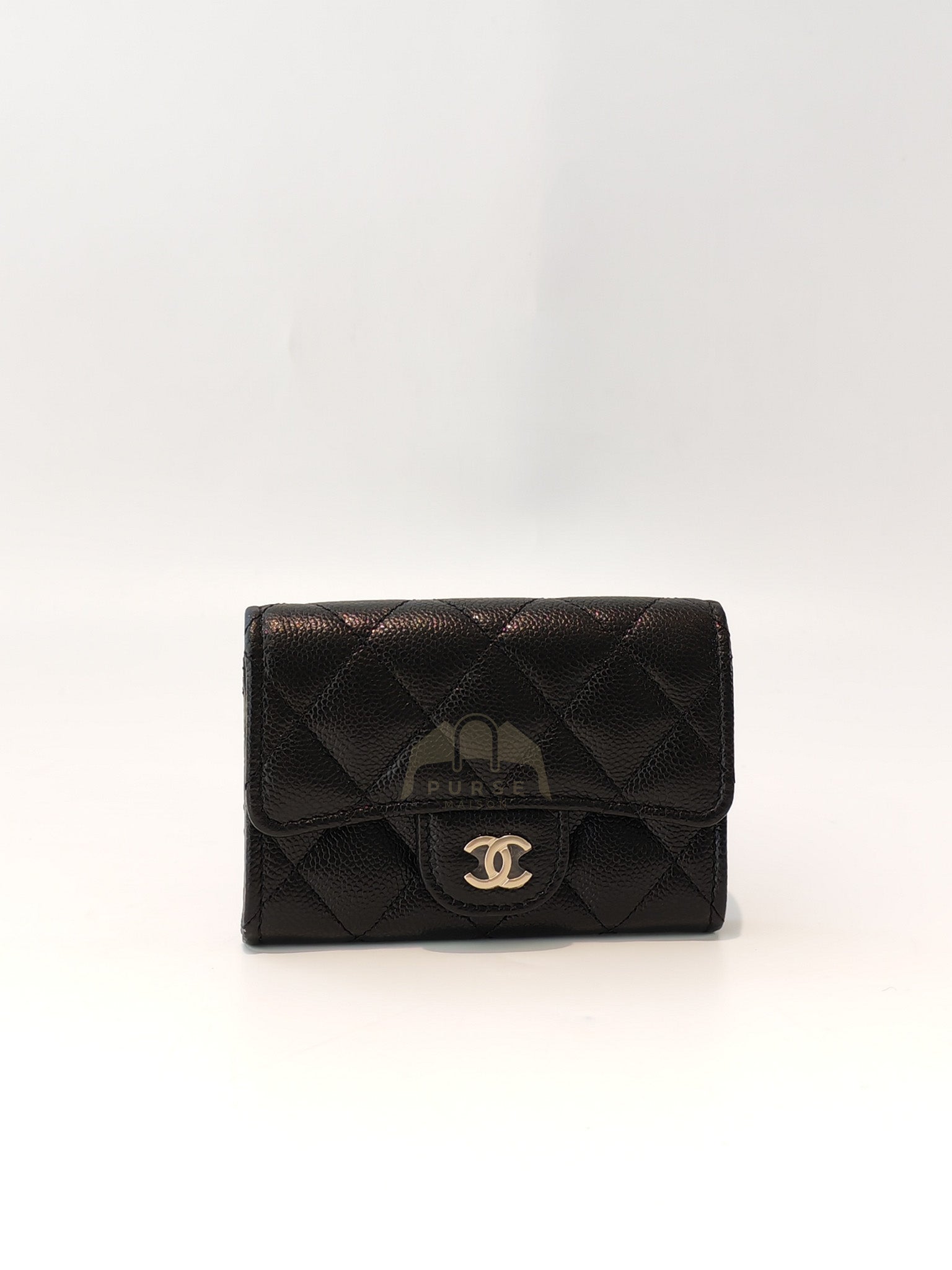 Flap Card Holder with Zipper in Black Caviar Leather and Light Gold Hardware (TG***7K) | Purse Maison Luxury Bags Shop