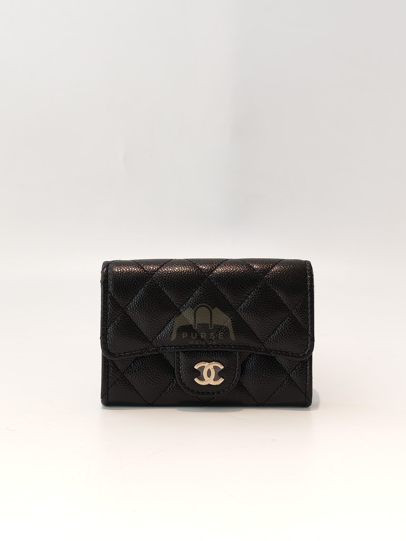 Flap Card Holder with Zipper in Black Caviar Leather and Light Gold Hardware (TG***7K) | Purse Maison Luxury Bags Shop