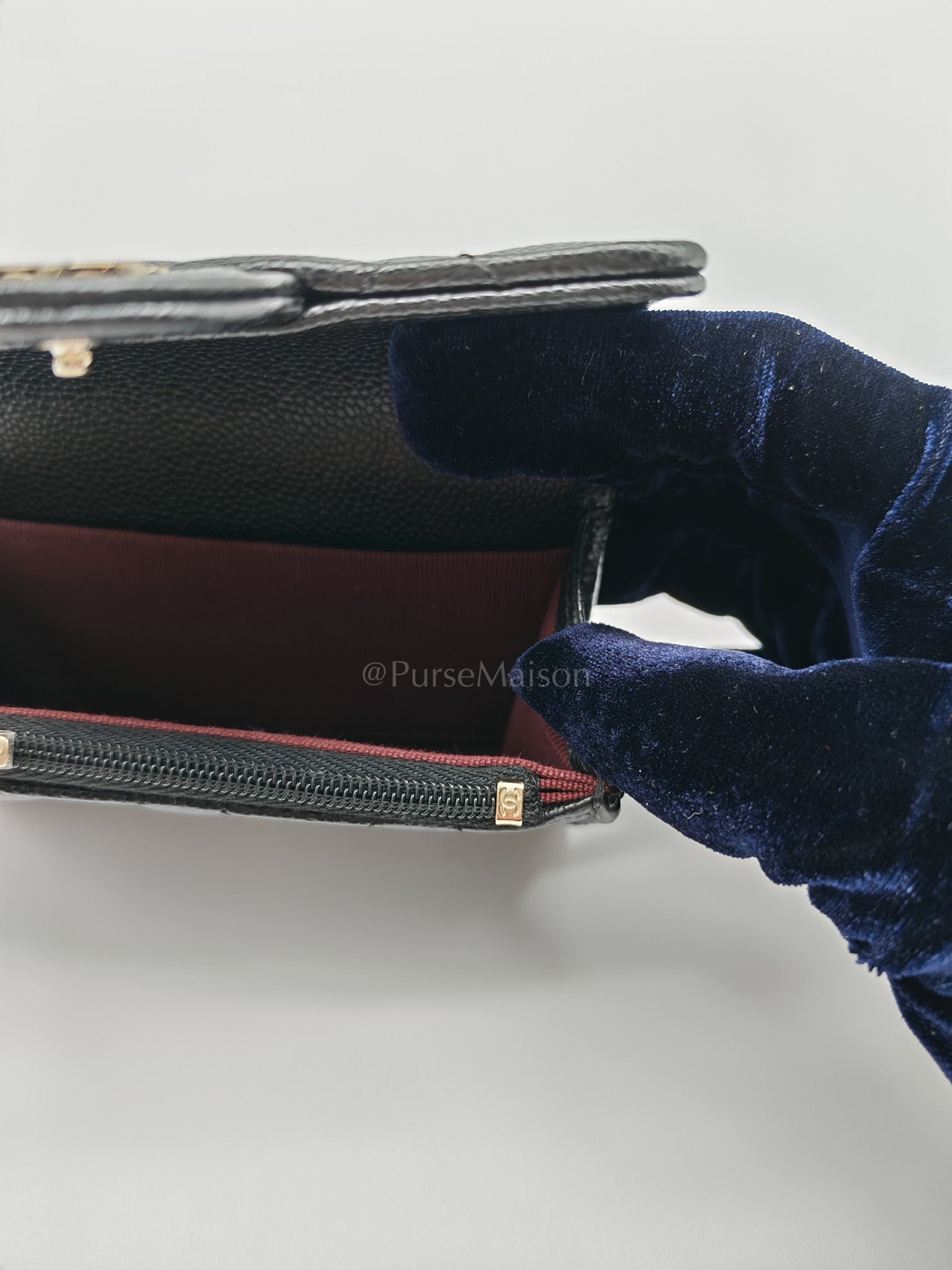 Flap Card Holder with Zipper in Black Quilted and Light Gold Hardware (Microchip) C9****6G | Purse Maison Luxury Bags Shop