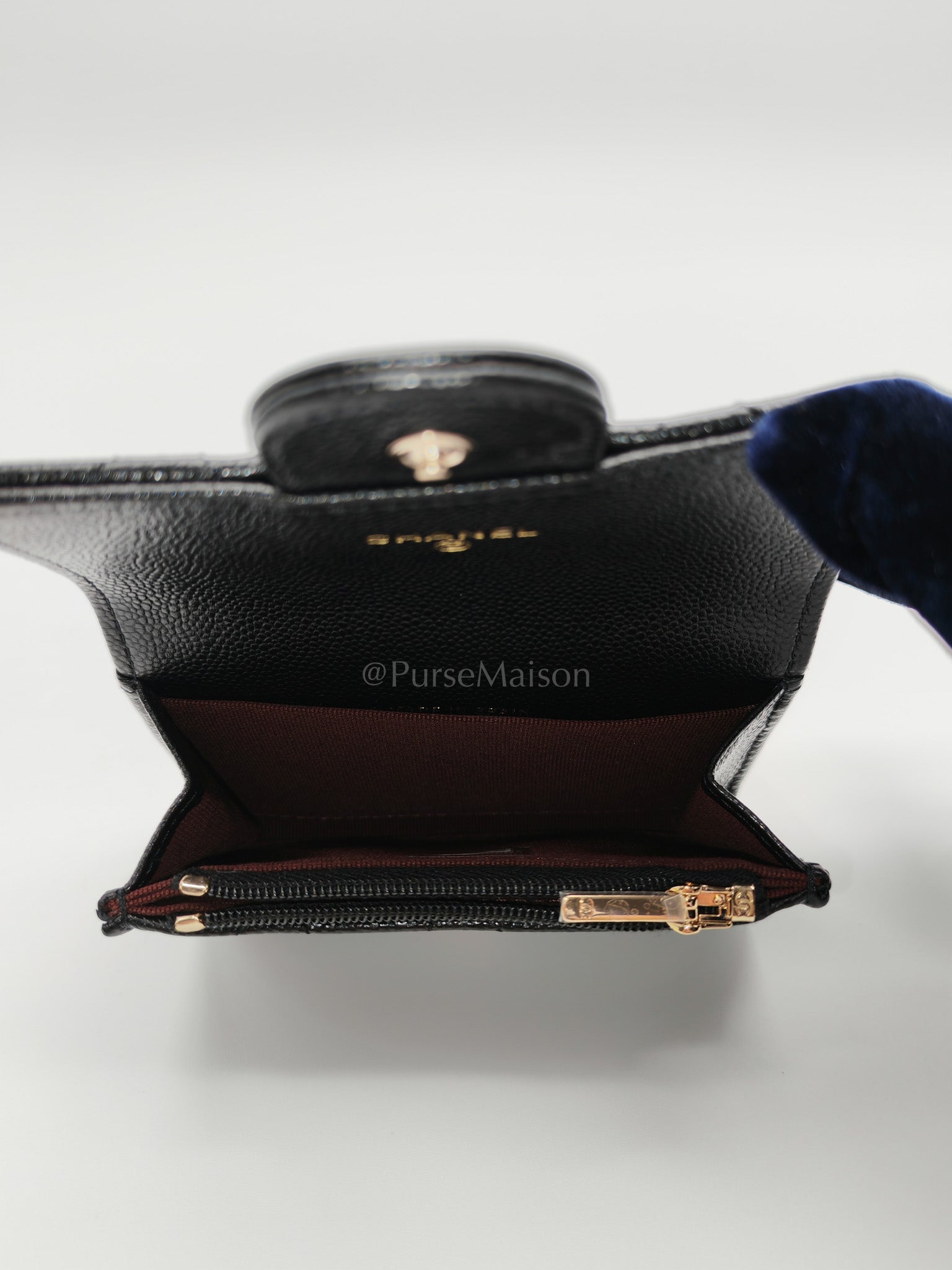 Flap Card Holder with Zipper in Black Quilted and Light Gold Hardware (Microchip) C9****6G | Purse Maison Luxury Bags Shop