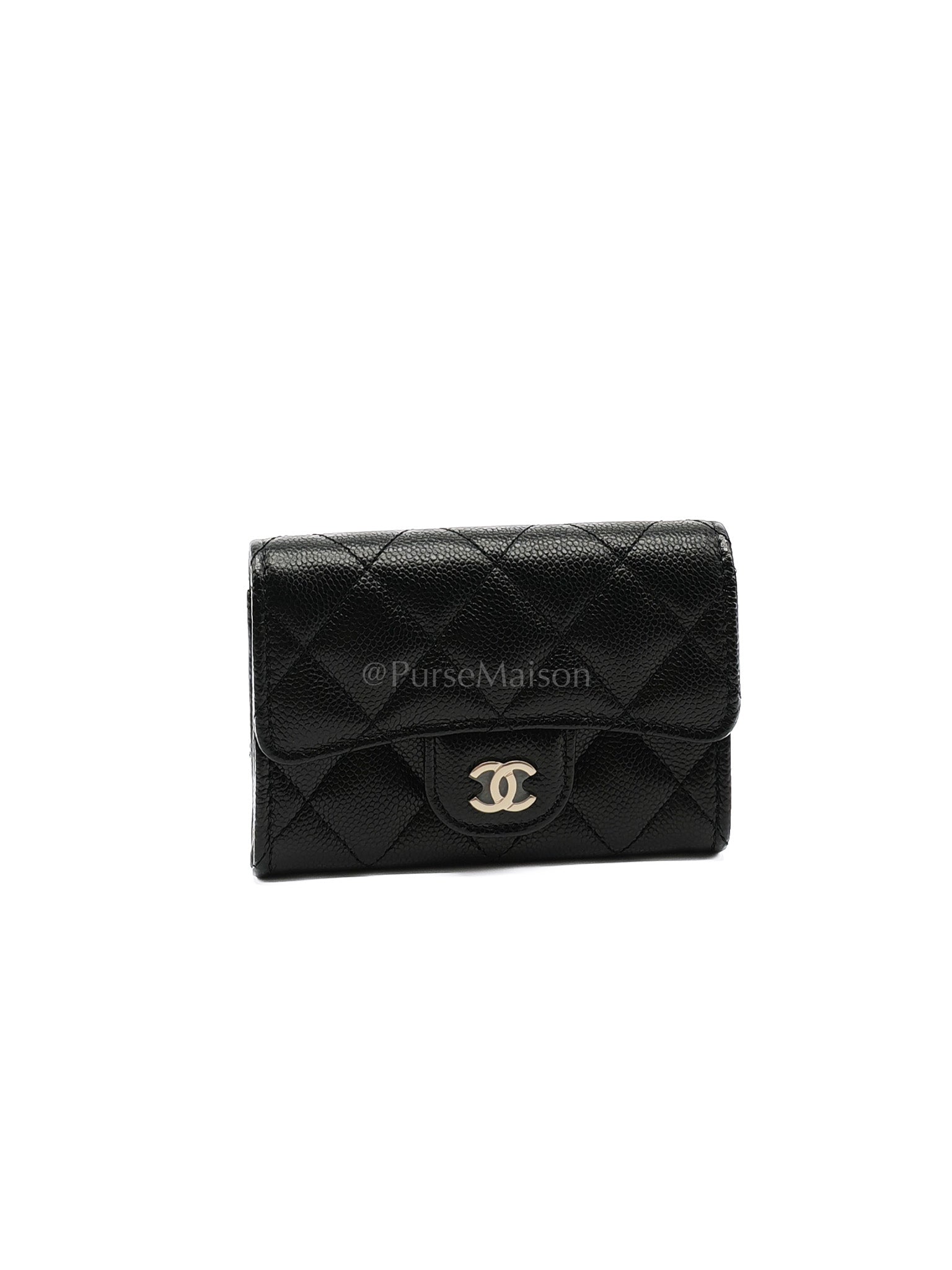 Flap Card Holder with Zipper in Black Quilted and Light Gold Hardware (Microchip) C9****6G | Purse Maison Luxury Bags Shop