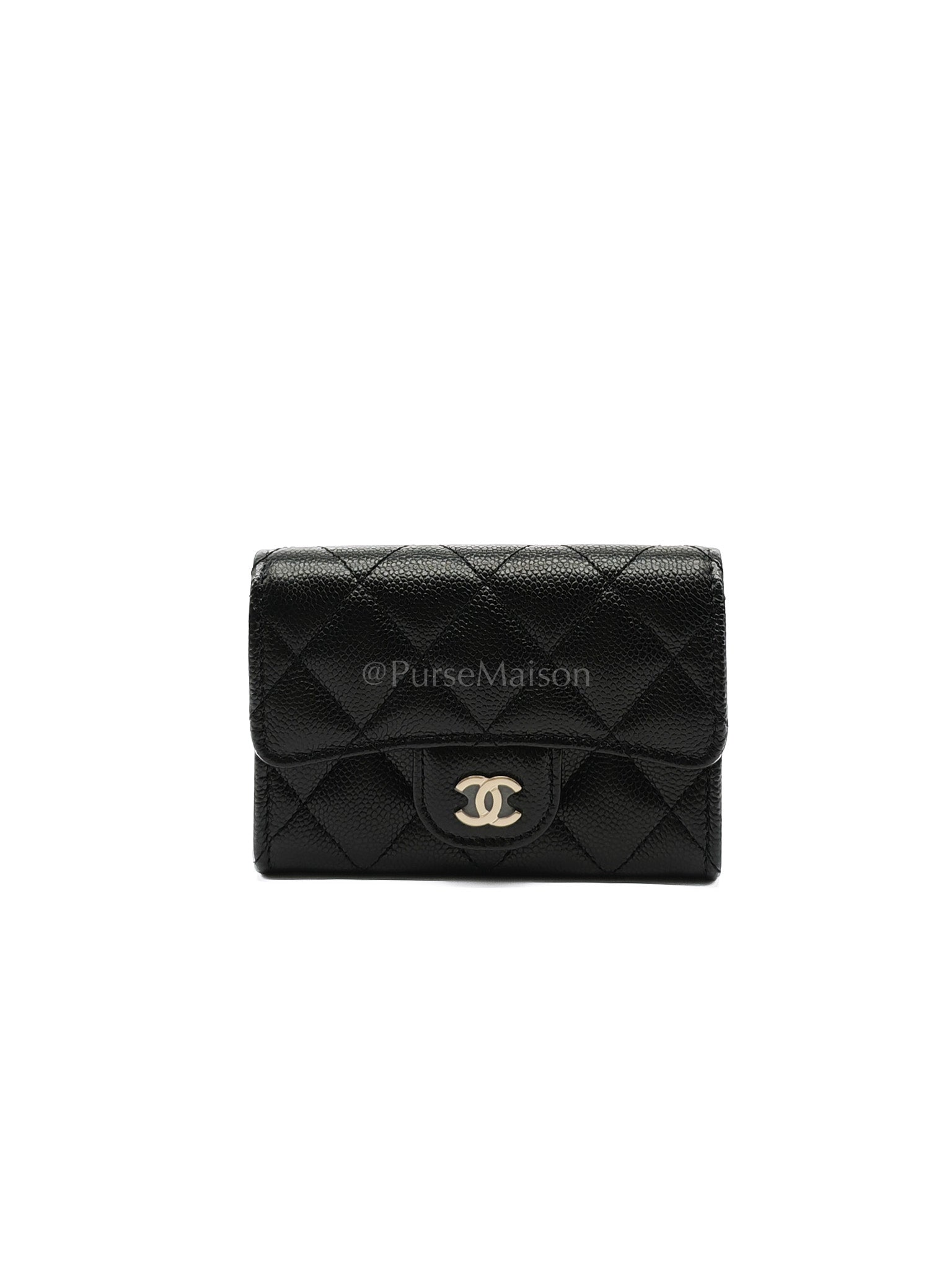 Flap Card Holder with Zipper in Black Quilted and Light Gold Hardware (Microchip) C9****6G | Purse Maison Luxury Bags Shop