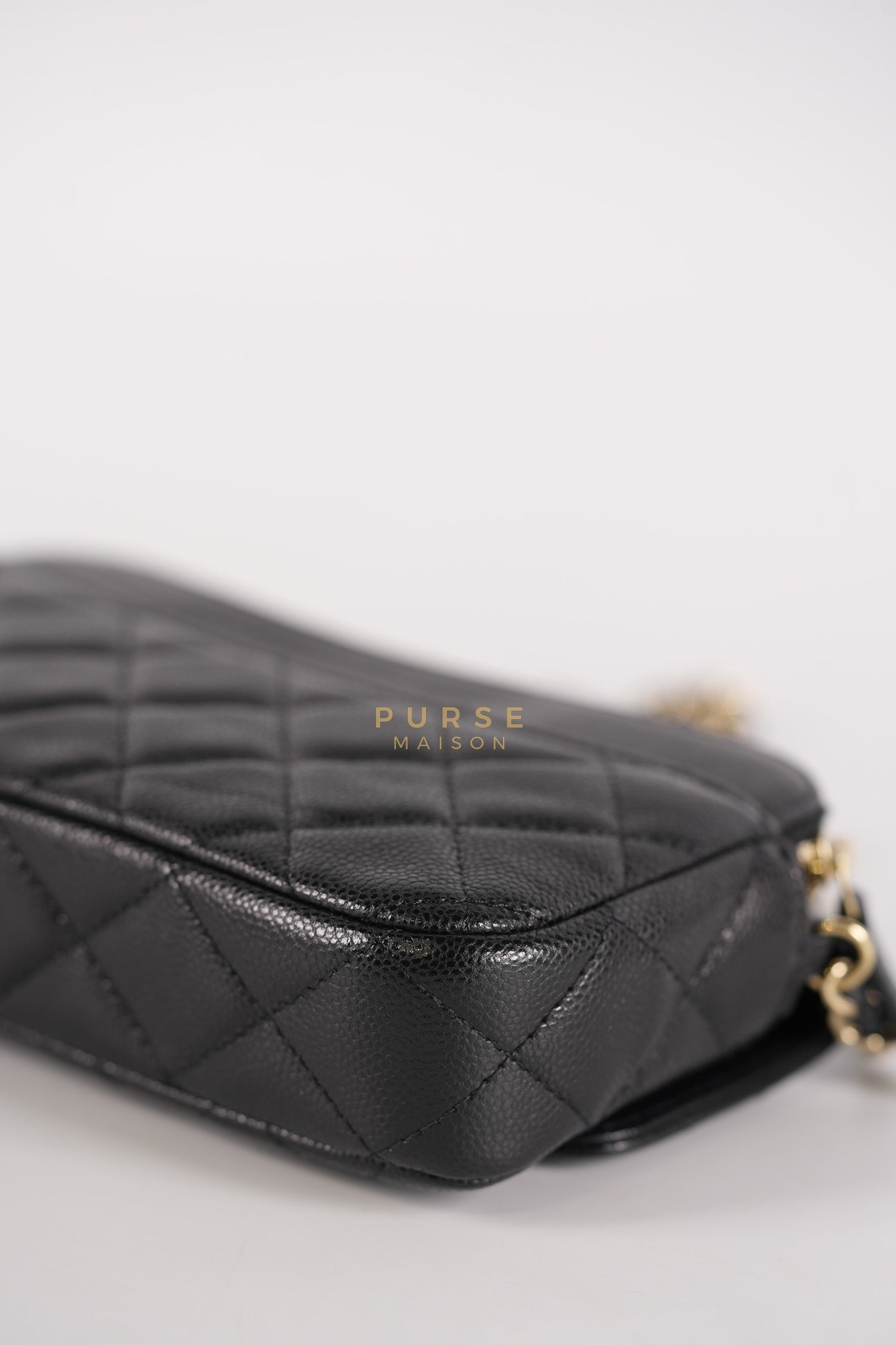 Flap Phone Holder in Black Caviar Leather Light Gold Hardware (Microchip) | Purse Maison Luxury Bags Shop