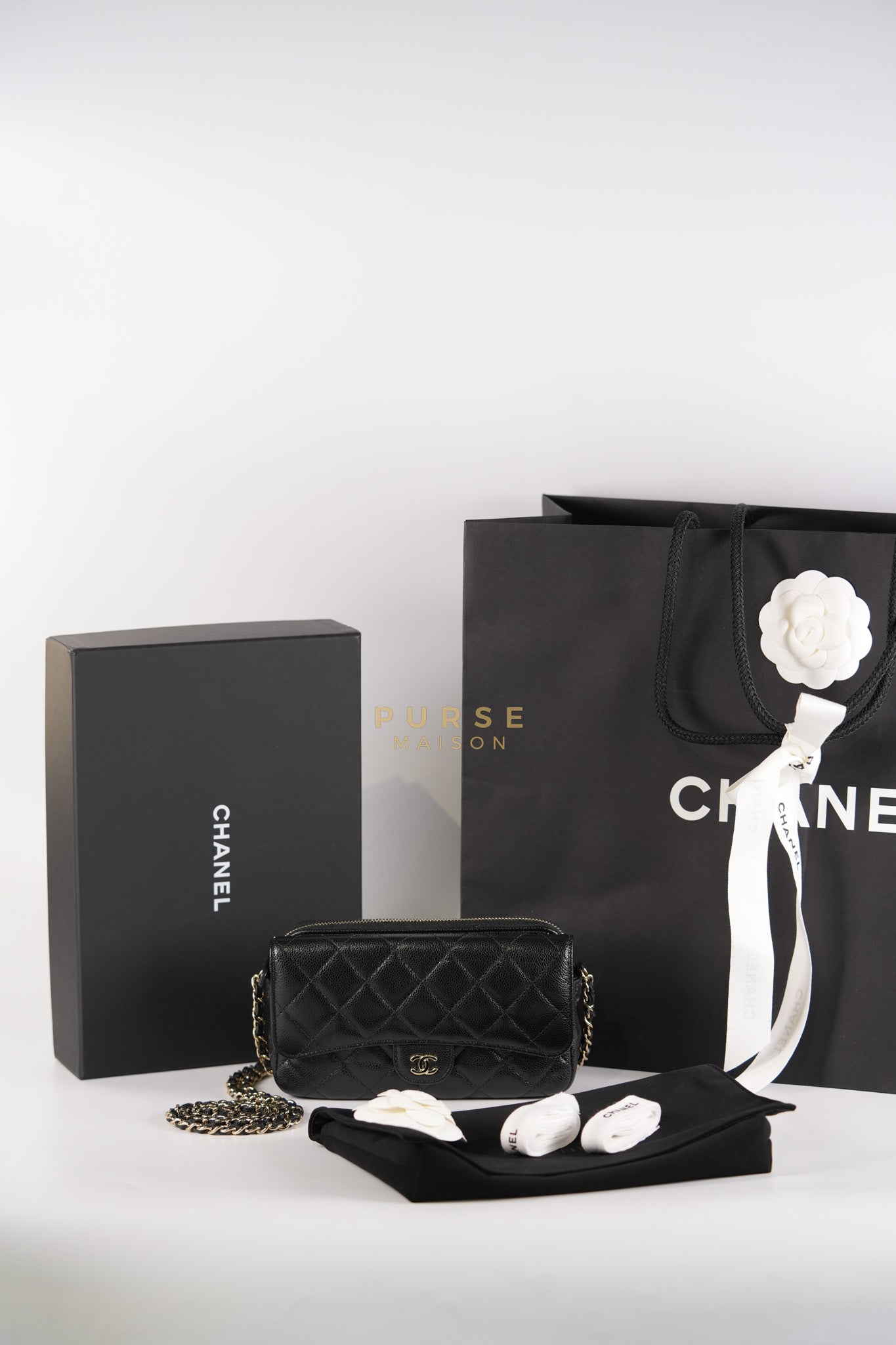 Flap Phone Holder in Black Caviar Leather Light Gold Hardware (Microchip) | Purse Maison Luxury Bags Shop