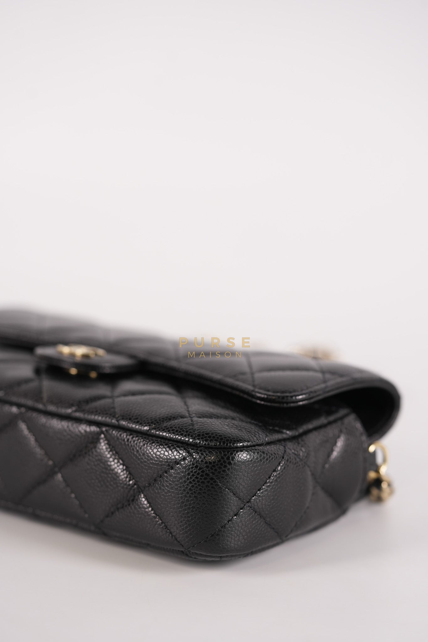 Flap Phone Holder in Black Caviar Leather Light Gold Hardware (Microchip) | Purse Maison Luxury Bags Shop