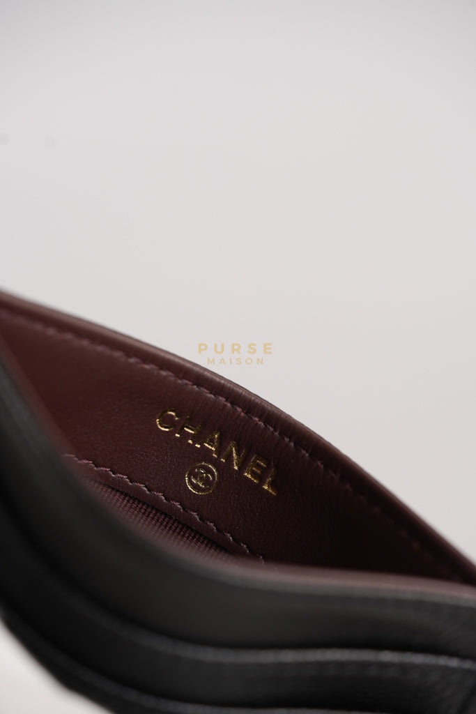 Flat Card Holder in Black Caviar Leather & Light Gold Hardware (Microchip) | Purse Maison Luxury Bags Shop