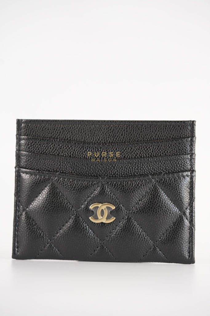 Flat Card Holder in Black Caviar Leather & Light Gold Hardware (Microchip) | Purse Maison Luxury Bags Shop