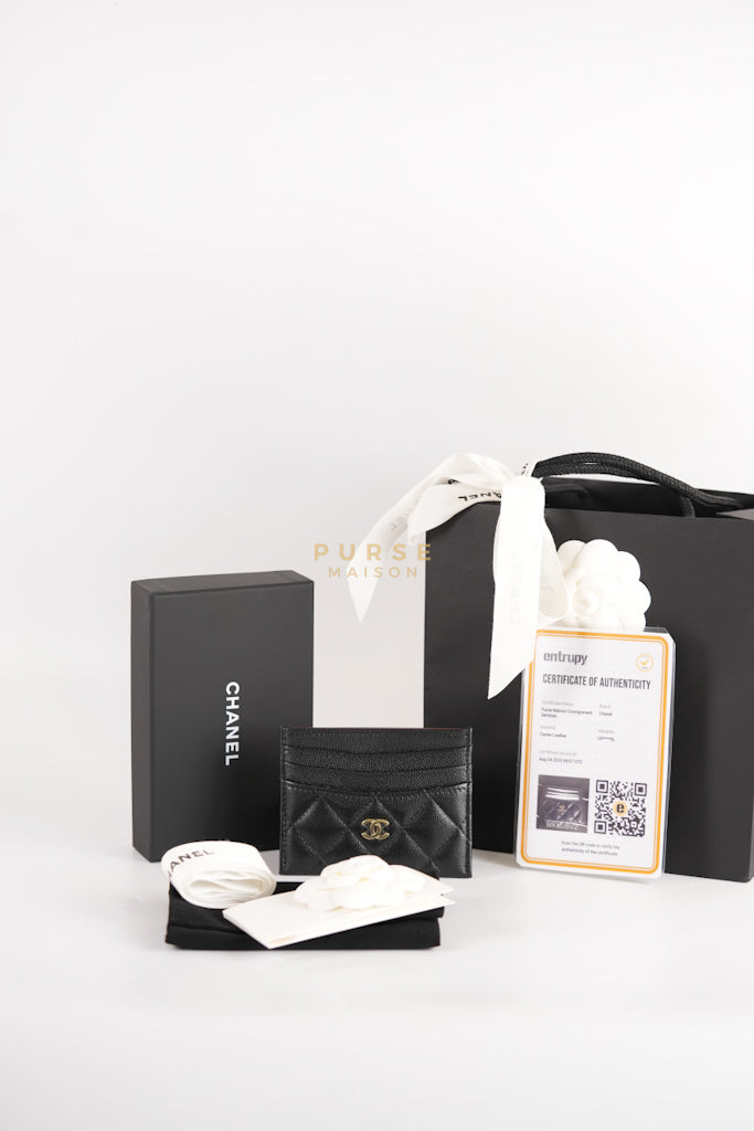 Flat Card Holder in Black Caviar Leather & Light Gold Hardware (Microchip) | Purse Maison Luxury Bags Shop