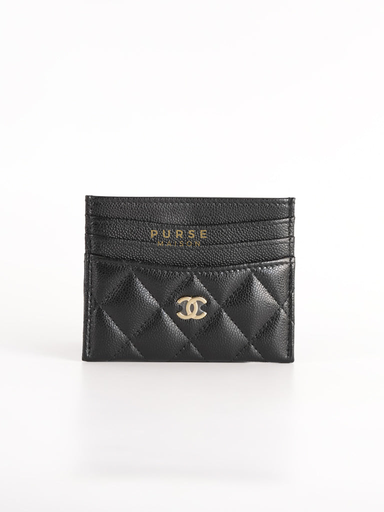 Flat Card Holder in Black Caviar Leather & Light Gold Hardware (Microchip) | Purse Maison Luxury Bags Shop