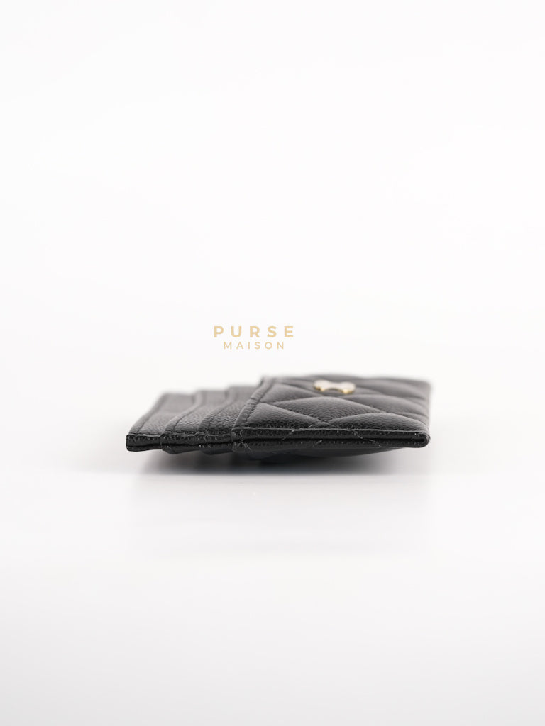 Flat Card Holder in Black Caviar Leather & Light Gold Hardware (Microchip) | Purse Maison Luxury Bags Shop