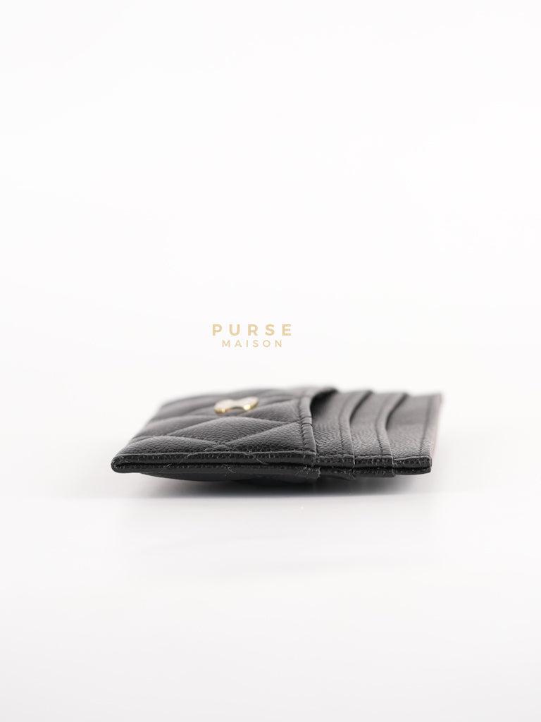 Flat Card Holder in Black Caviar Leather & Light Gold Hardware (Microchip) | Purse Maison Luxury Bags Shop